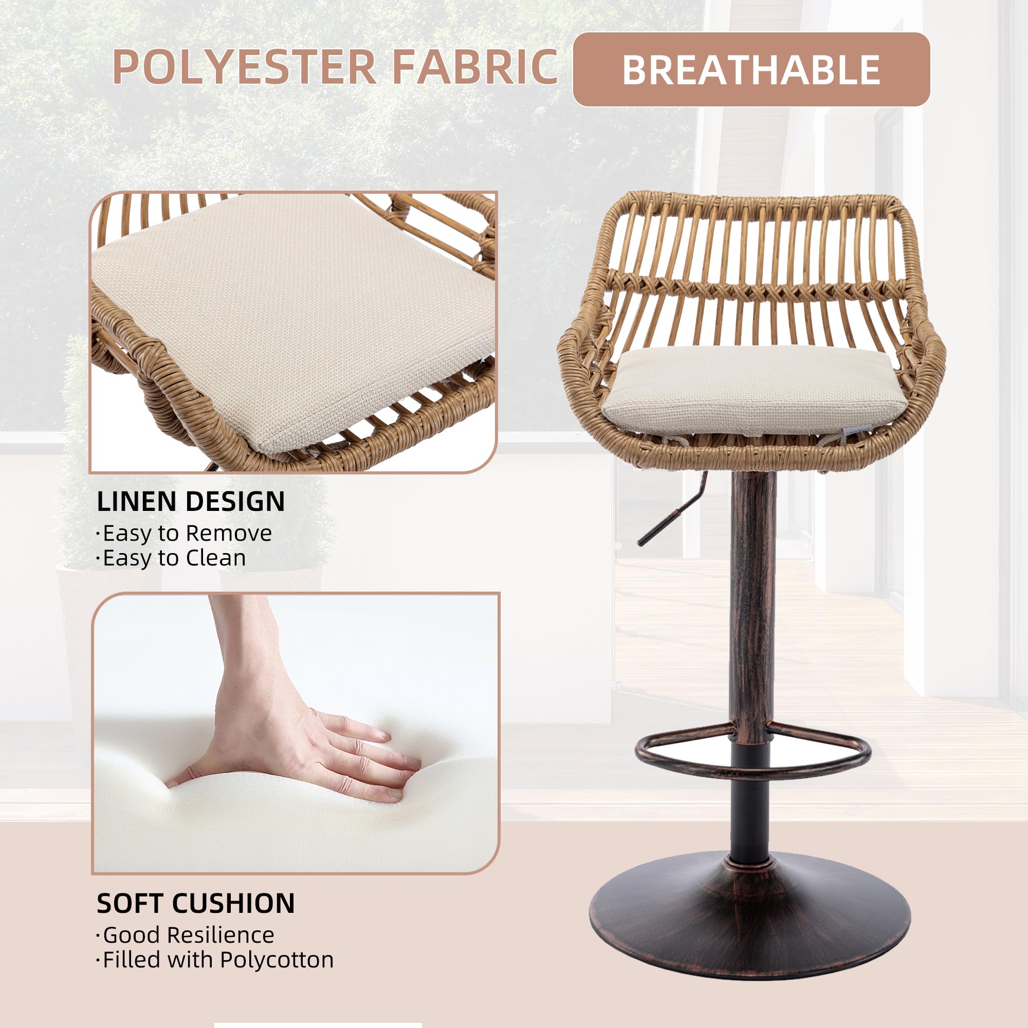 Modern Adjustable Swivel Bar Stools Set of 2 - Counter Height Rattan Bar Chairs with Back, Cushions & Metal Footrest - Beige Pub Stools for Kitchen, Bar, Dining Room & Outdoor Patio - Perfect for Entertaining, Casual Dining and Home Decor