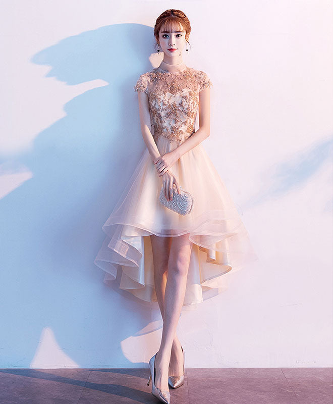 Elegant Champagne Tulle Lace High-Low Prom Dress for Homecoming - Perfect for Formal Dances, Graduation Parties & Special Occasions