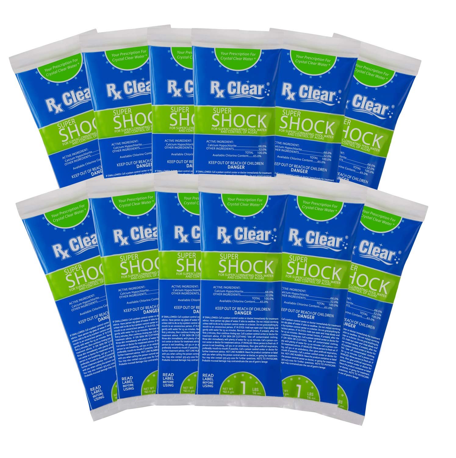 Rx Clear Super Shock for Synergy Pool Systems - 68% Calcium Hypochlorite Pool Shock Treatment (1lb Bags, 12 Pack) | Superchlorinates Water & Controls Algae | Perfect for Weekly Pool Maintenance & Seasonal Opening