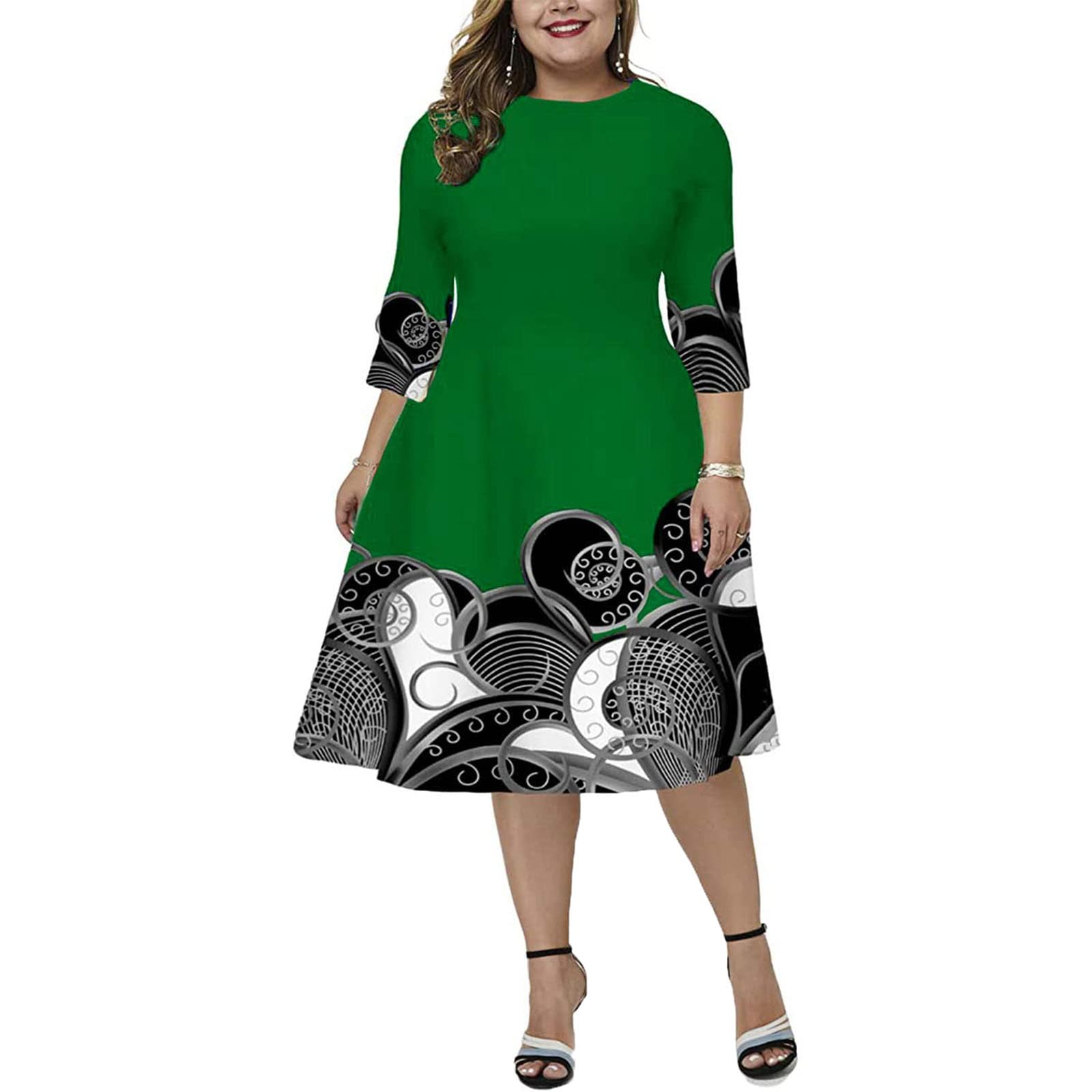 Vintage Floral Patchwork Plus Size Women's Midi Dress 3/4 Sleeve A-Line Flared Cocktail Party Formal Dress - Green XXL | Perfect for Weddings, Garden Parties & Special Occasions