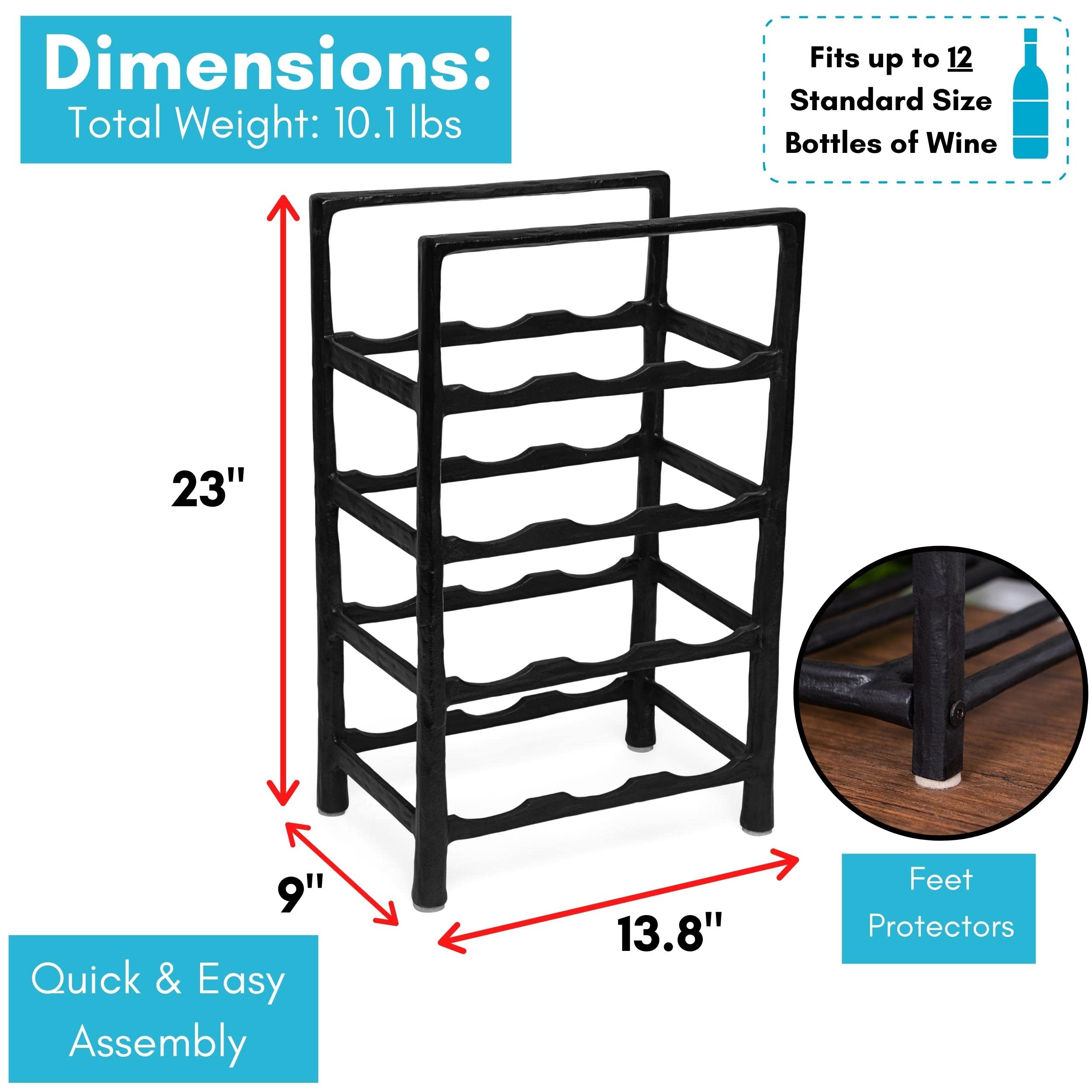 BIRDROCK HOME 12 Bottle Wine Rack - Sturdy Black Forged Metal Free Standing Wine Holder - Vertical Storage Cabinet for Kitchen Countertop, Bar, Dining Room & Home Decor
