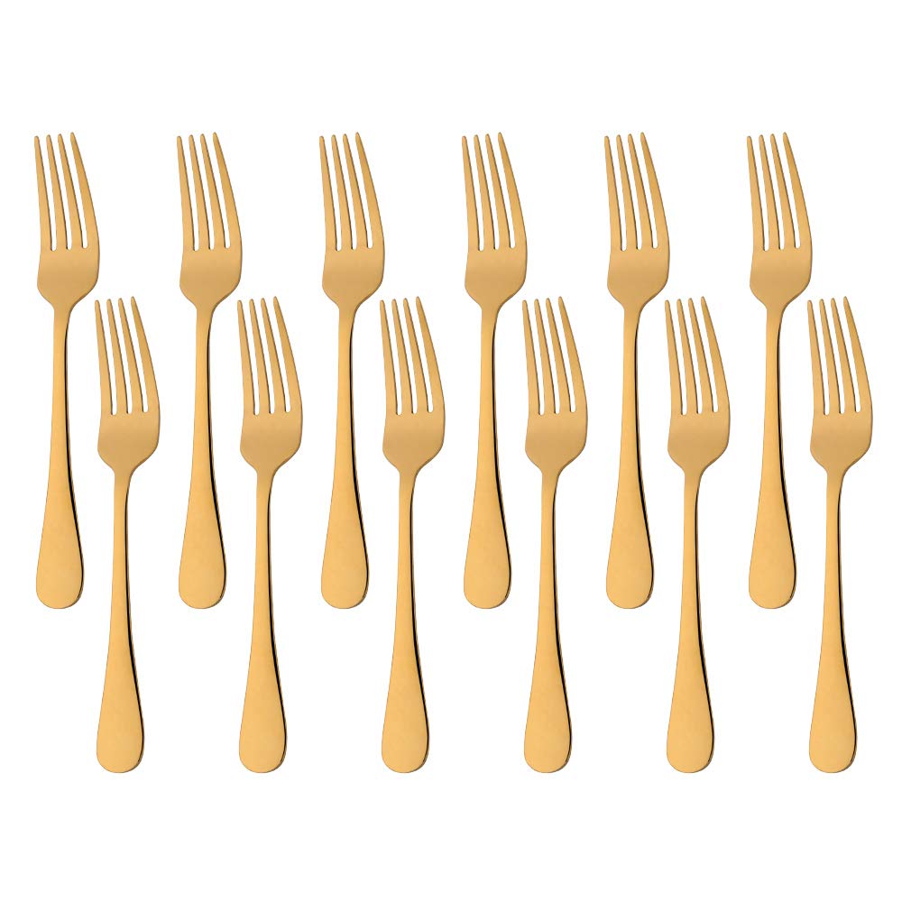 12-Pack MINGYU Colored Salad Forks - 6.5 Inch Gold Stainless Steel Dessert Forks, Shiny Titanium Small Dinner Forks, Dishwasher Safe for Home, Restaurant, Wedding & Party - Perfect for Salad Bars, Dessert Tables, and Elegant Dinner Settings