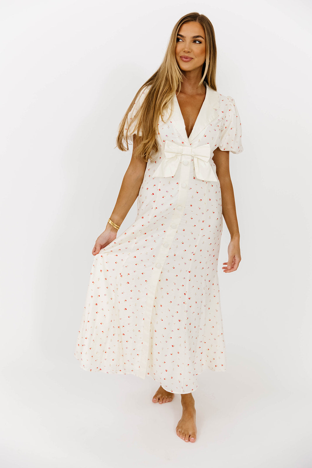 Florian Puff Sleeve Bow Front Collar Midi Dress - Elegant Cream Floral Print Summer Dress for Women | Perfect for Weddings, Garden Parties & Date Nights