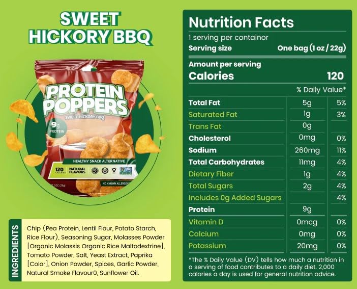 Vegan Protein Chips - Sweet Hickory BBQ Flavor | High Protein Snacks for Adults with 9g Protein & 120 Calories | Low Sugar, Low Calorie Healthy Chips | Gluten-Free, Keto-Friendly Weight Loss Snacks | Perfect for Office, Gym & On-the-Go Nutrition | 1oz Bag