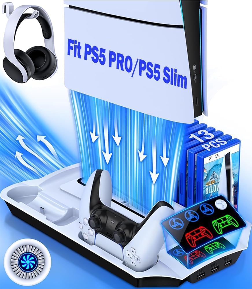 PS5 Slim Stand with Turbo Cooling Station & Controller Charger - 3-Level Cooling Fan, 13-Game Organizer & Headset Holder for Playstation 5/PS5 Pro (Digital & Disc Edition) - Perfect for Gaming Marathons & Organized Gaming Setup