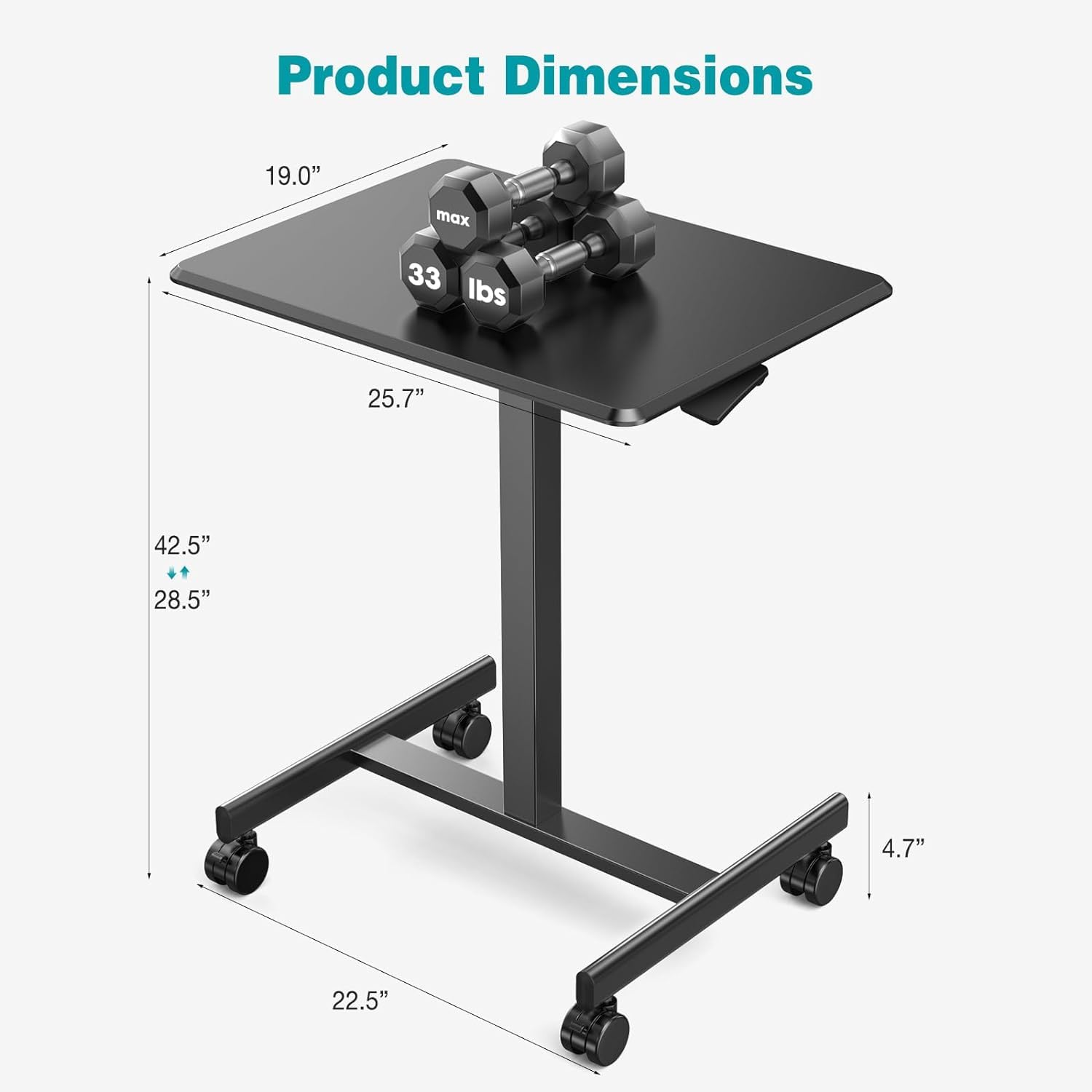 DUMOS 19 Inch Black Adjustable Height Mobile Standing Desk with Wheels - Portable Rolling Laptop Table Computer Workstation for Home Office | Perfect for Small Spaces, Remote Work & Ergonomic Workspaces