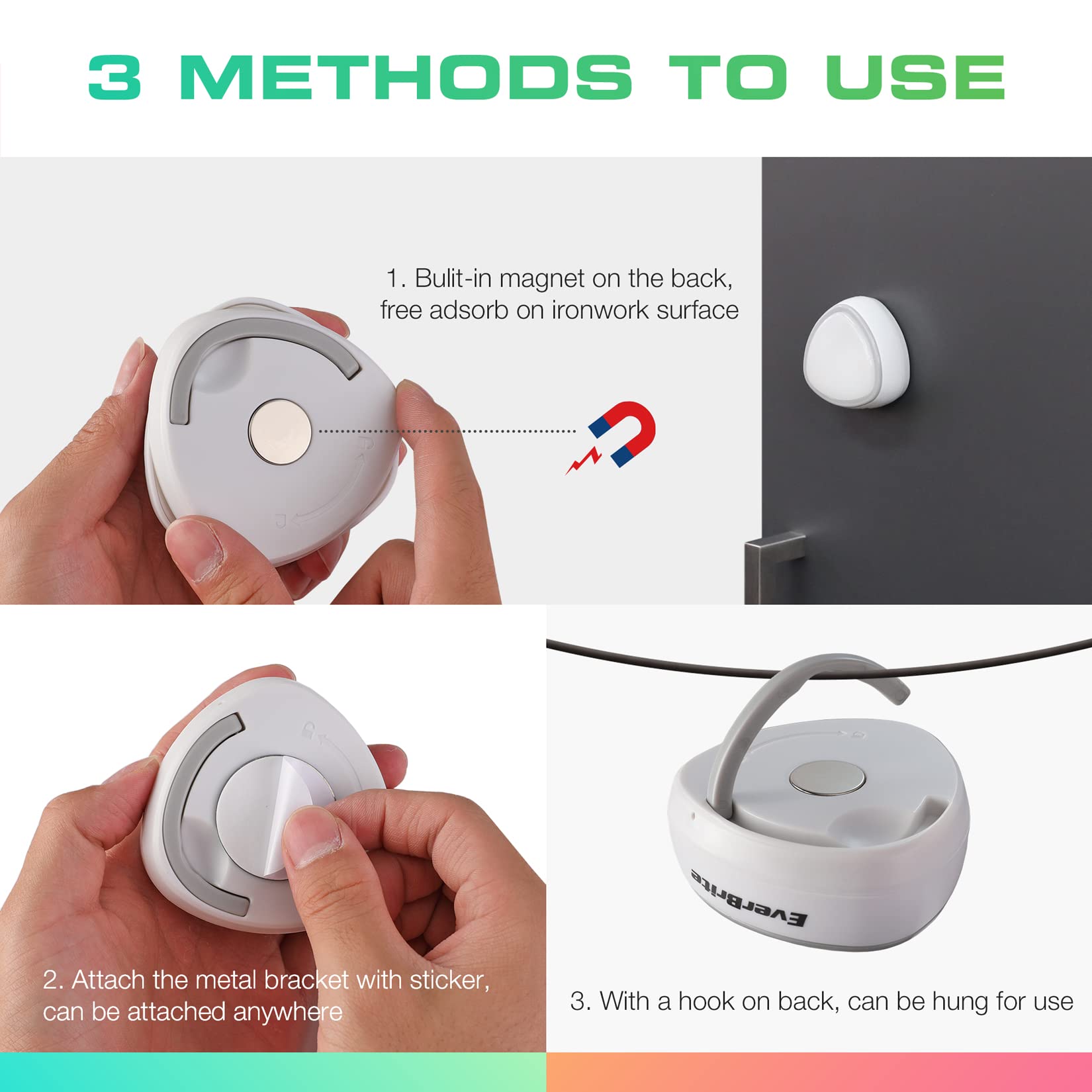 EverBrite LED Puck Lights - Wireless Remote Controlled Tap Lights with 12 RGB Colors, 3-Pack - Under Cabinet Lighting for Kitchen, Closet, Pantry, Stairs & Wardrobe - Battery Powered (Includes 9 AAA Batteries)