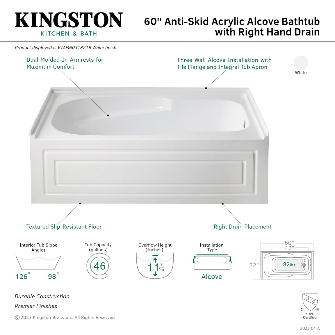 Aqua Eden VTAM6031R21B 60-Inch Acrylic Rectangular 3-Wall Alcove Bathtub with Armrests & Anti-Skid Surface - Right-Hand Drain, Glossy White - Perfect for Modern Bathrooms & Spa-Like Relaxation