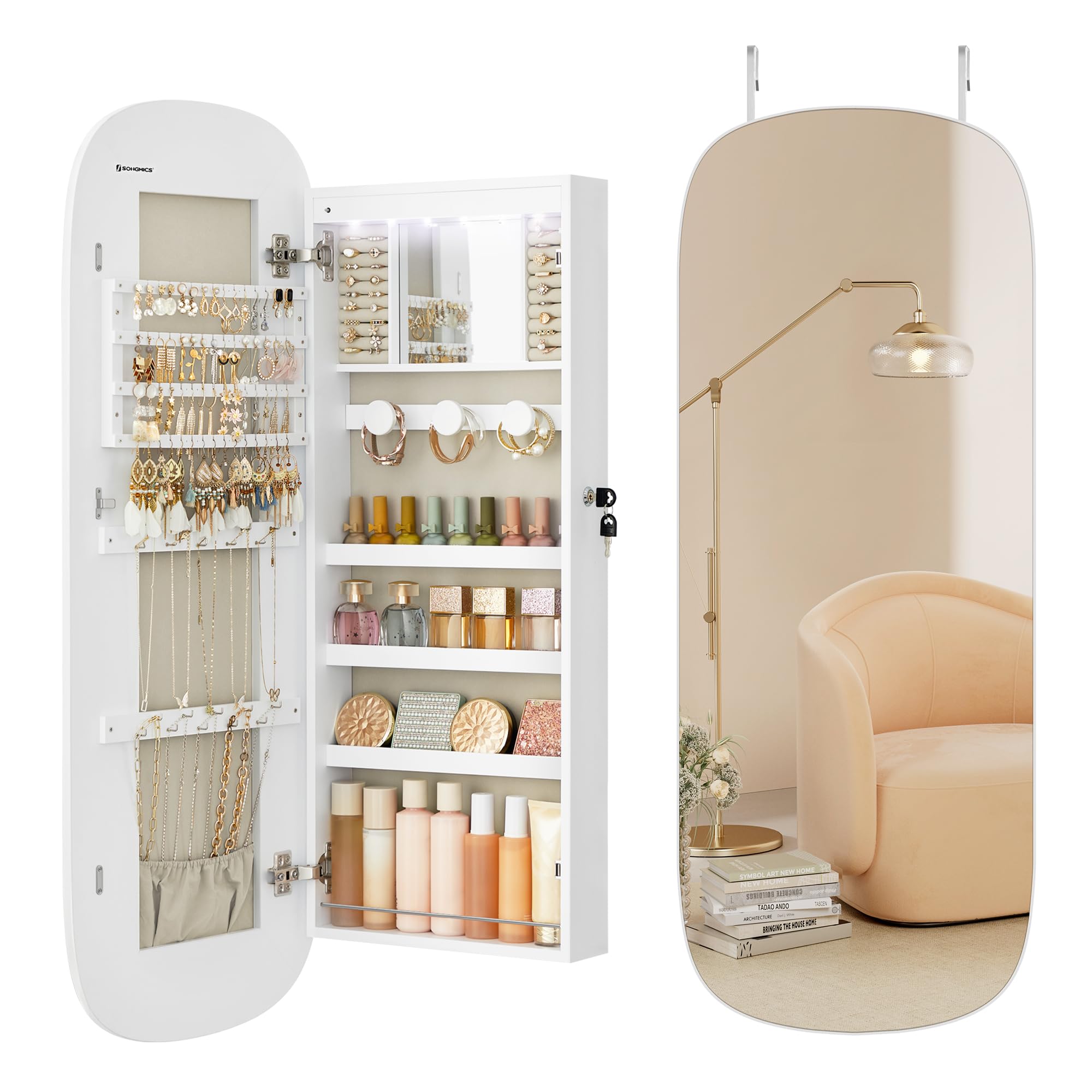SONGMICS LED Jewelry Organizer Cabinet with Lockable Mirror - Wall or Door Mounted Jewelry Storage, 3.9 x 16.5 x 42.5 Inches, White with Greige Lining - Perfect for Bedroom, Closet, or Dressing Room Organization