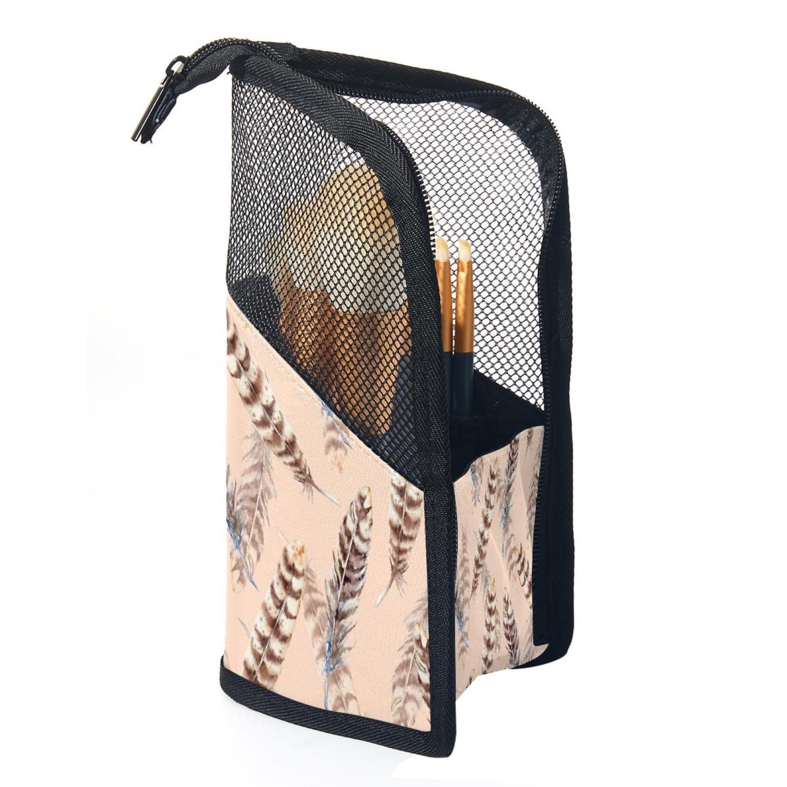 Professional Makeup Brush Holder Organizer with 12 Brushes - Portable Cosmetic Brush Storage Pouch & Feather Stand-up Cup for Women & Girls - Perfect for Travel, Home Vanity & Makeup Artist Kit Organization