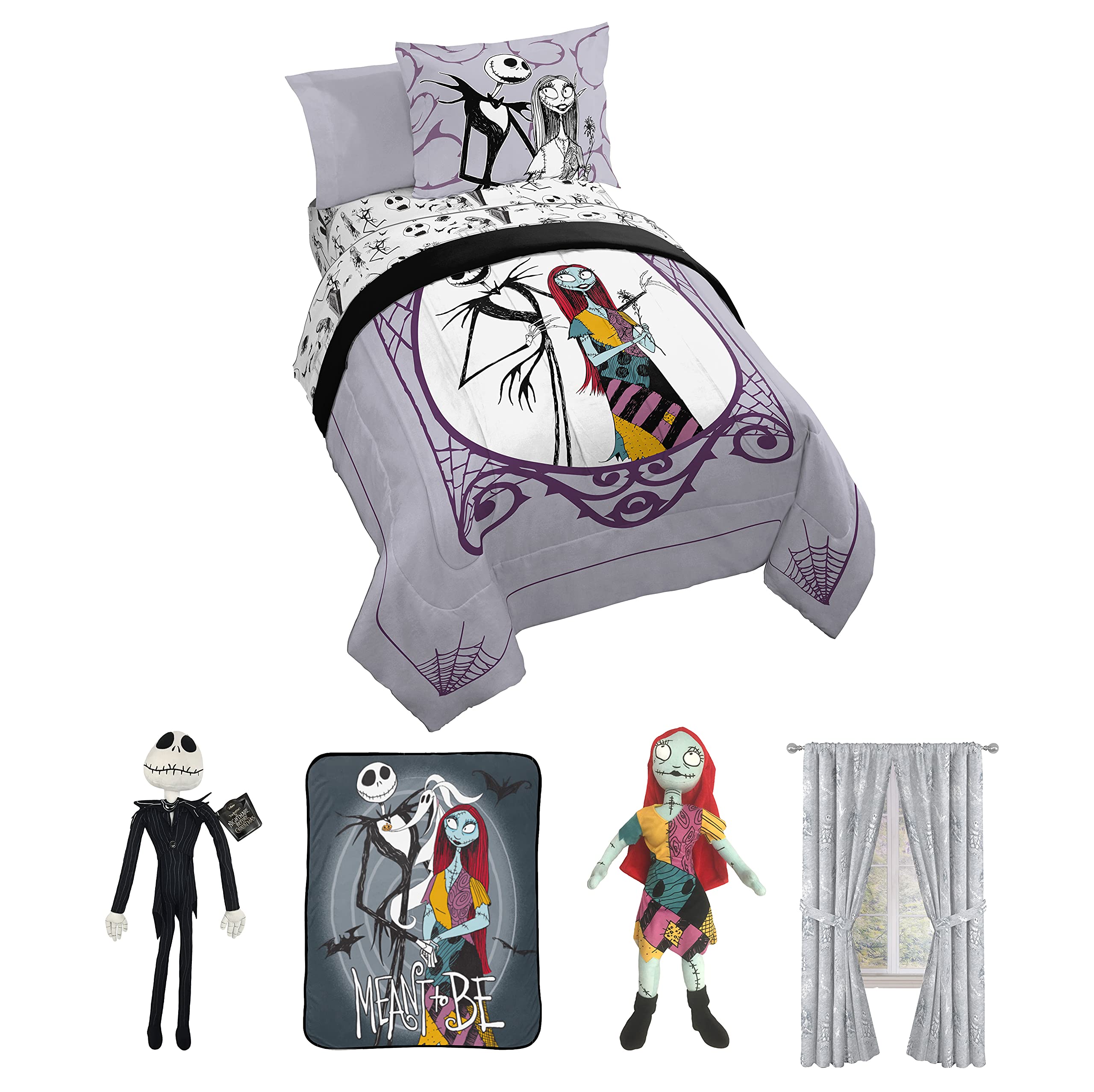 Disney Nightmare Before Christmas Moonlight 14-Piece Full Bedding Set - Comforter, Sheet Set, Pillowcases, Throw Blanket & Window Curtains for Themed Bedroom Decor | Perfect for Halloween, Christmas & Movie Fans