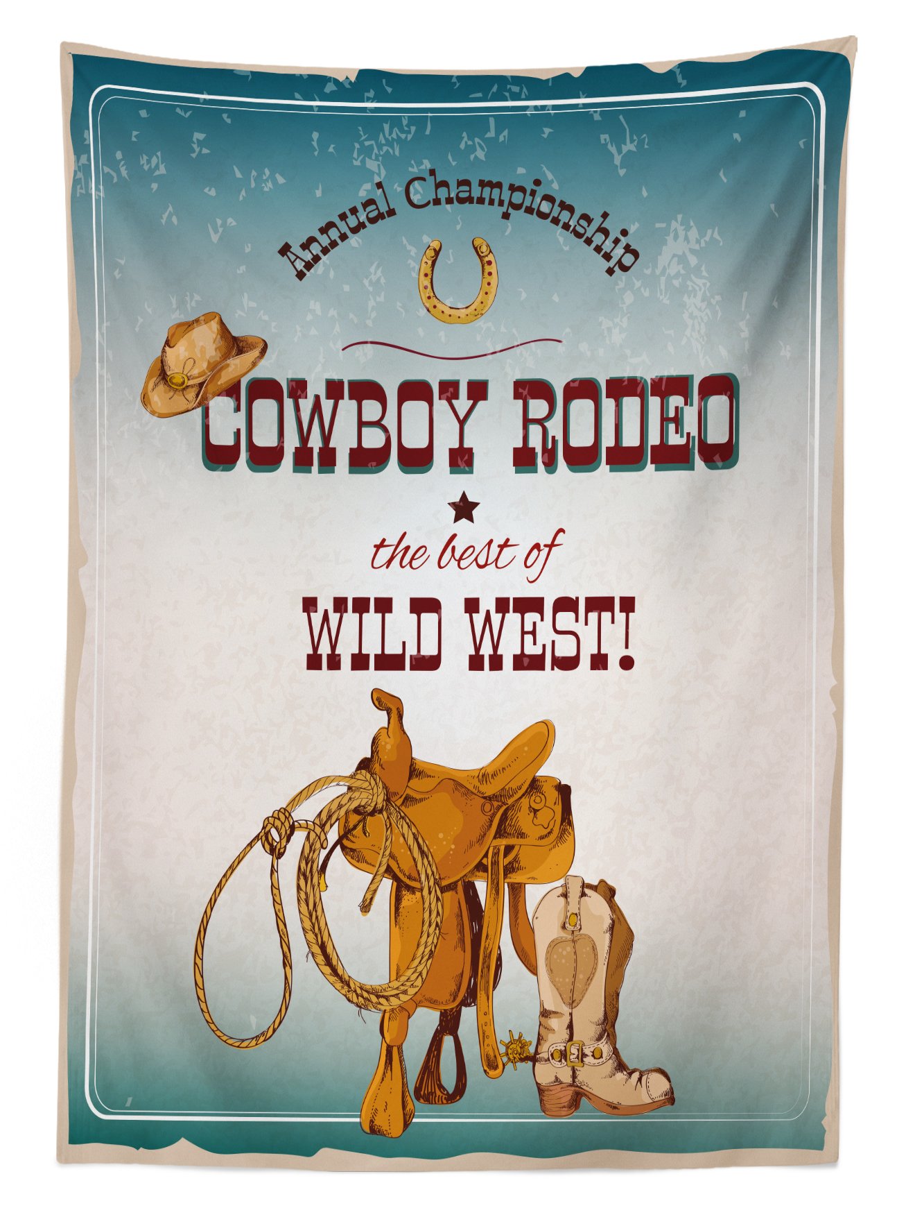 Western Cowboy Rodeo Championship Tablecloth - Wild West Poster Design, Washable Outdoor Picnic Table Cover 58x84 Inches in Blue Burgundy Orange - Perfect for BBQ, Camping & Western Theme Parties