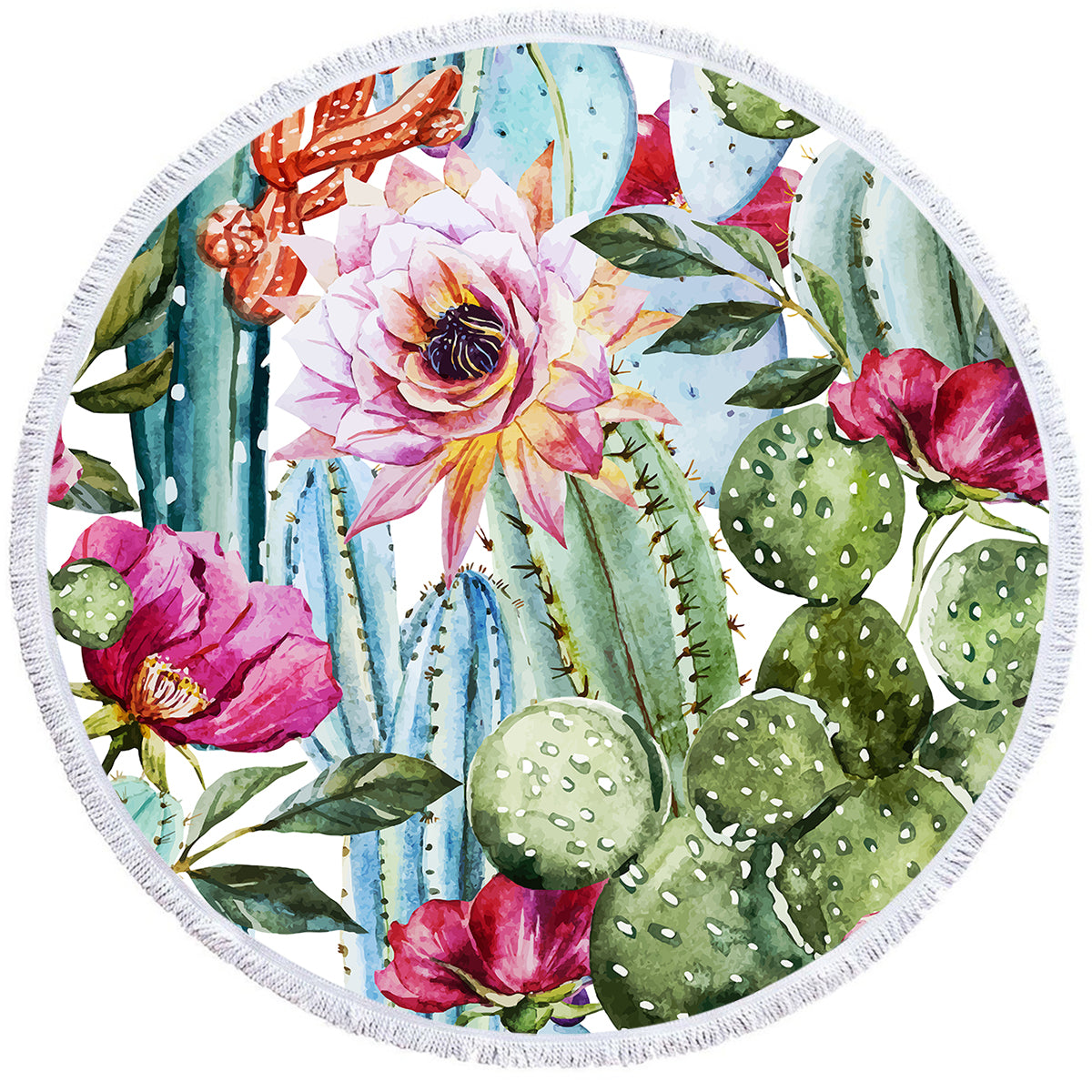 Vibrant Cactus Print Round Beach Towel - Soft, Absorbent & Quick-Drying for Pool, Beach, Picnic & Outdoor Activities