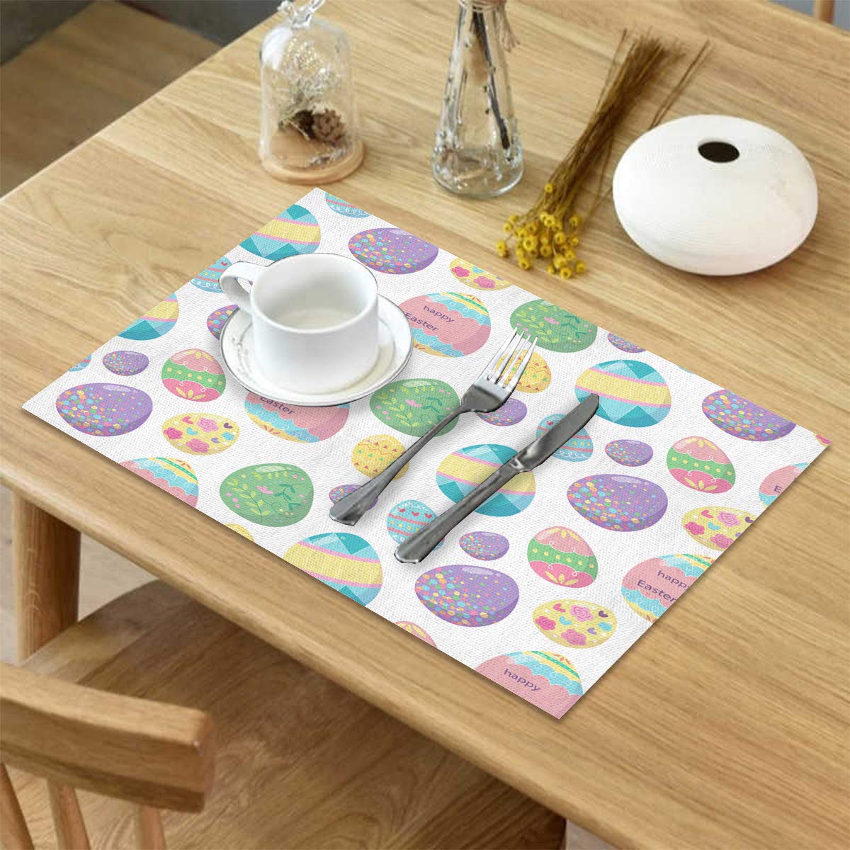 Happy Easter Egg Table Placemats Set of 4 - Non-Slip Washable Burlap Heat Resistant Dining Mats for Kitchen - Perfect for Easter Brunch, Holiday Decor & Family Gatherings
