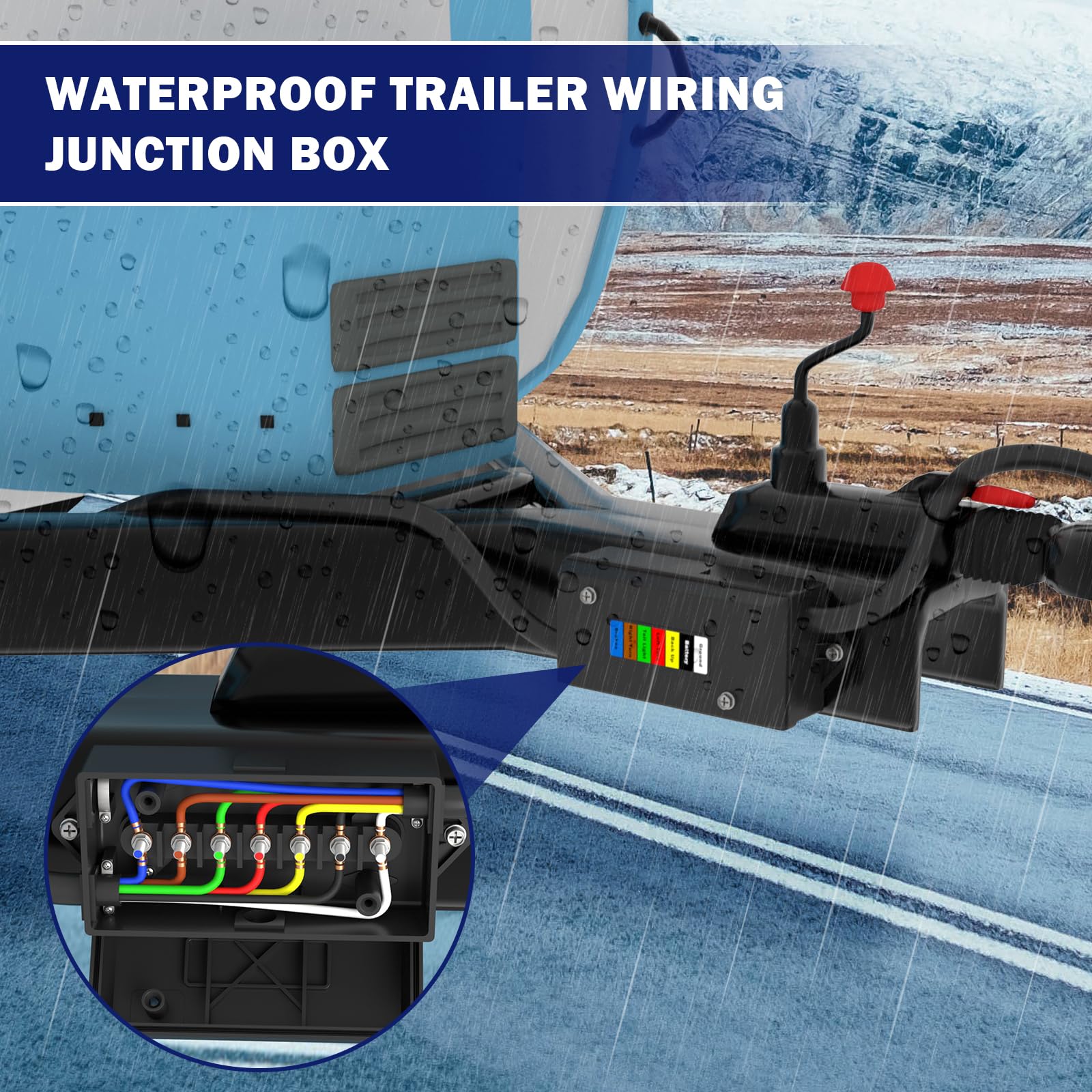 CheeMuii 2 Pack Weatherproof 7-Way Trailer Junction Box with 7 Color-Coded Wires - Heavy Duty RV Camper Trailer Wiring Kit for Easy Light Rewiring & Electrical Connections - Perfect for RV, Boat, and Utility Trailer Maintenance