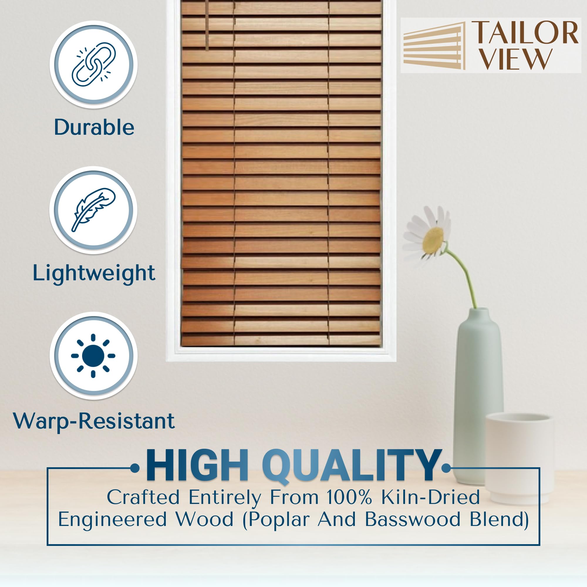 Customizable Wood Horizontal Cordless Window Blinds - 2 Inch Slats - Golden Oak Finish - Inside or Outside Mount - Perfect for Living Room, Bedroom & Home Office