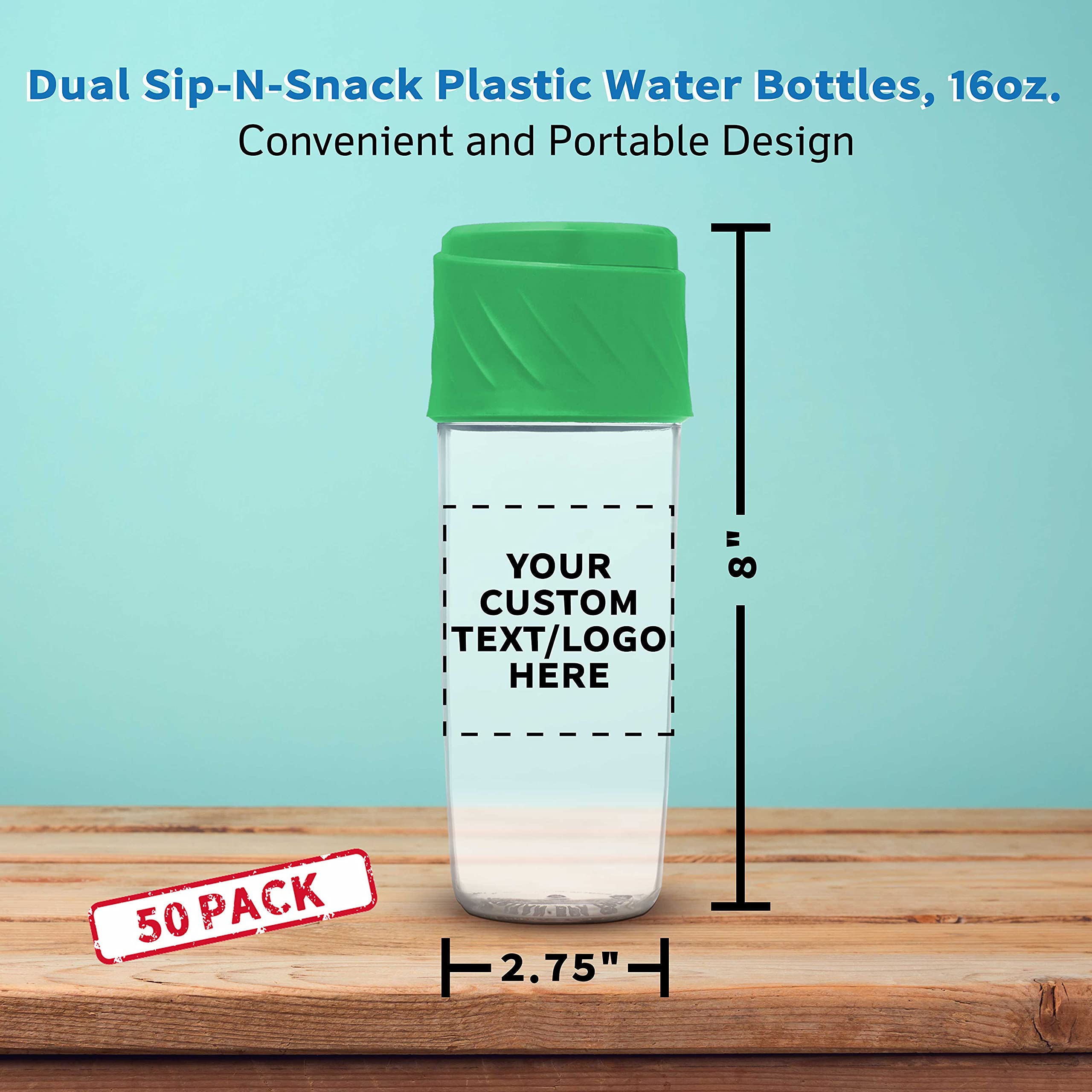 50 Pack 16oz BPA-Free Dual Sip-N-Snack Plastic Water Bottles with Screw-On Lids - Customizable Text & Logo - Bulk Reusable Drinkware for Schools, Sports Teams, Corporate Events & Outdoor Activities