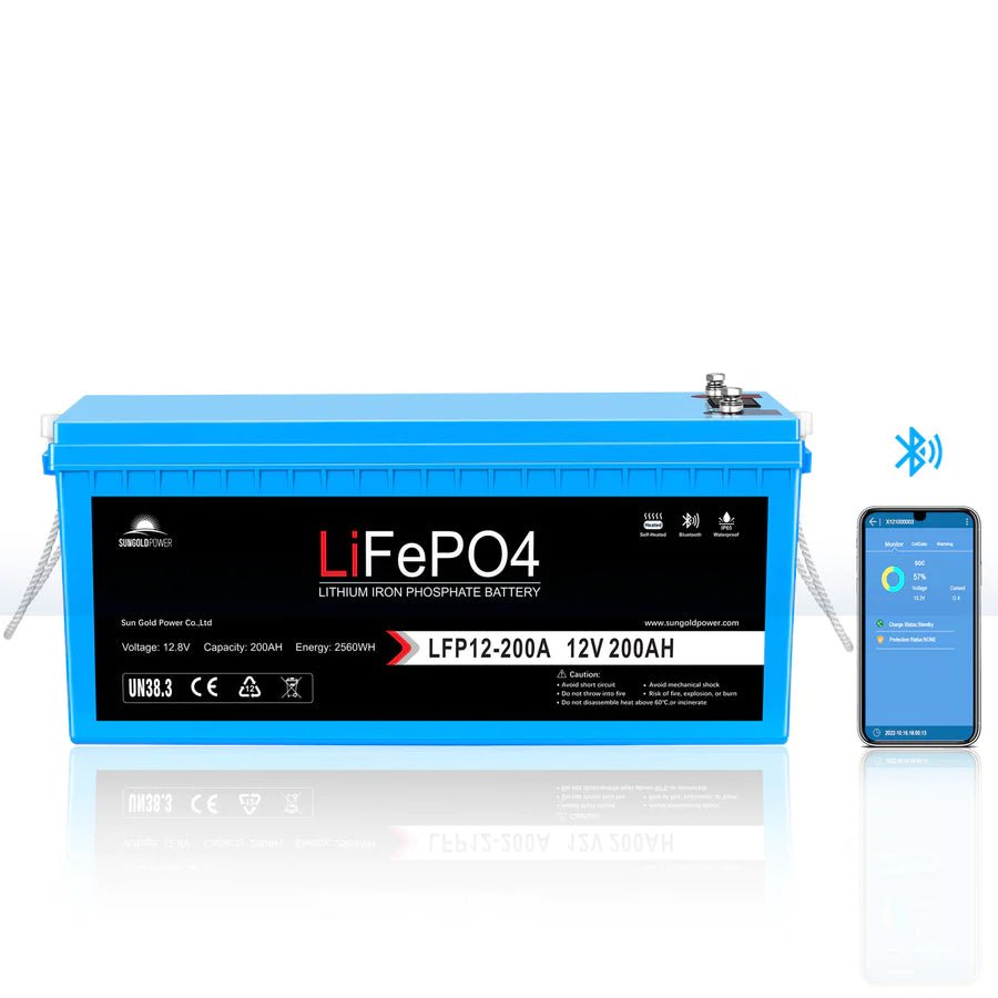 SunGoldPower 12V 200AH LiFePO4 Deep Cycle Lithium Battery with Bluetooth, Self-Heating & IP65 - Perfect for RVs, Solar Systems, Marine & Off-Grid Power Storage