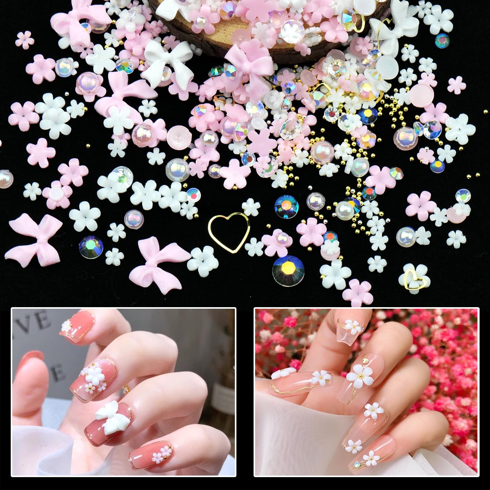 CESUSME 3D Flower Bows Nail Charms - Pink White Bowknot Flowers & Golden Round Beads for Nail Art DIY - Perfect for Junk Case, Manicure, Salon, and Party Nail Designs