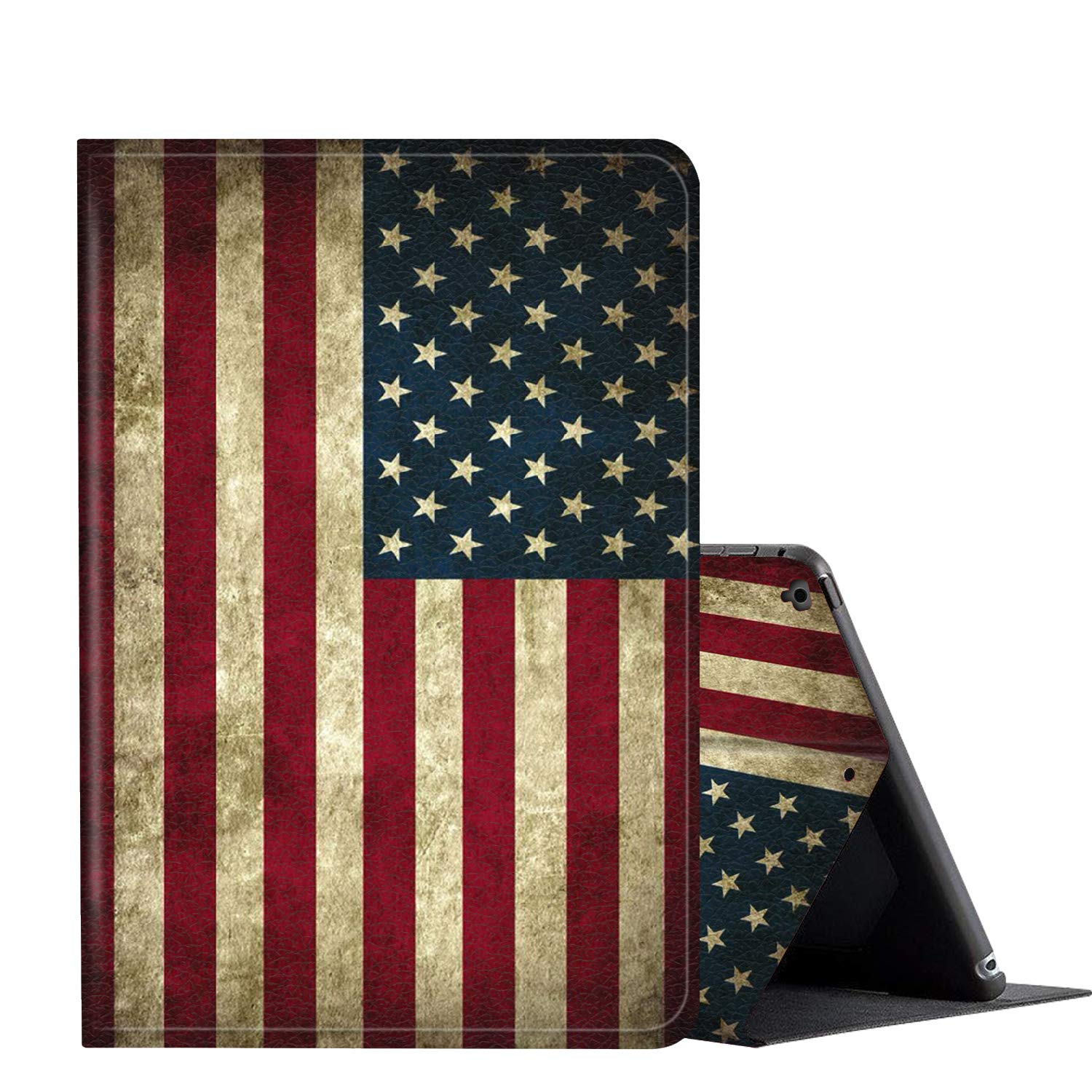 Premium PU Leather iPad Case with Adjustable Stand - Compatible with iPad 9.7 Inch (2018/2017), iPad Air 2, iPad 6th/5th Gen - Auto Wake/Sleep Smart Cover - Vintage American Flag Design for Home, Office & Travel Protection