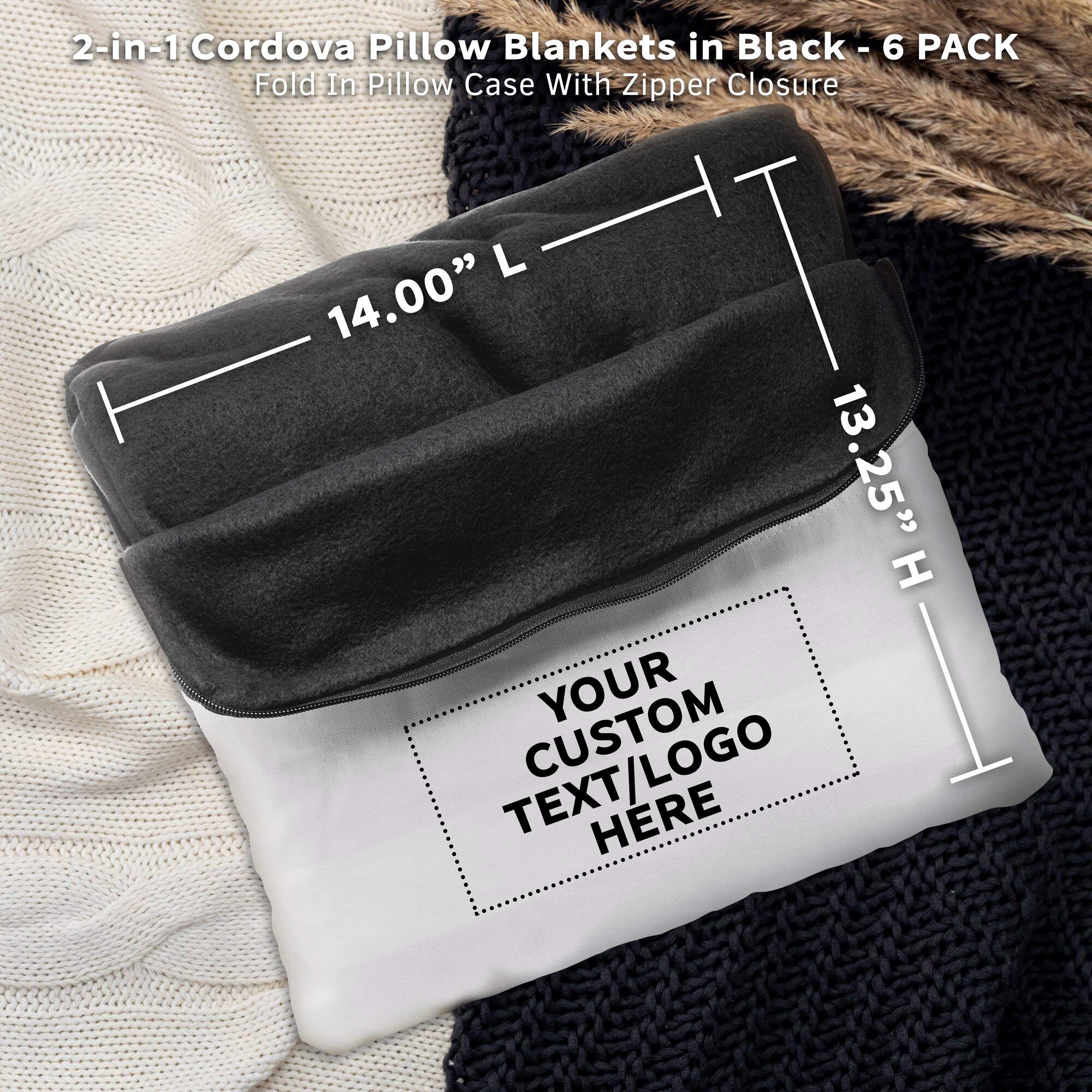 2-in-1 Cordova Pillow Blanket Set with Custom Text & Logo - Soft Fleece Blanket with Front Pocket - Black - Perfect for Home, Office, Travel & Gifts