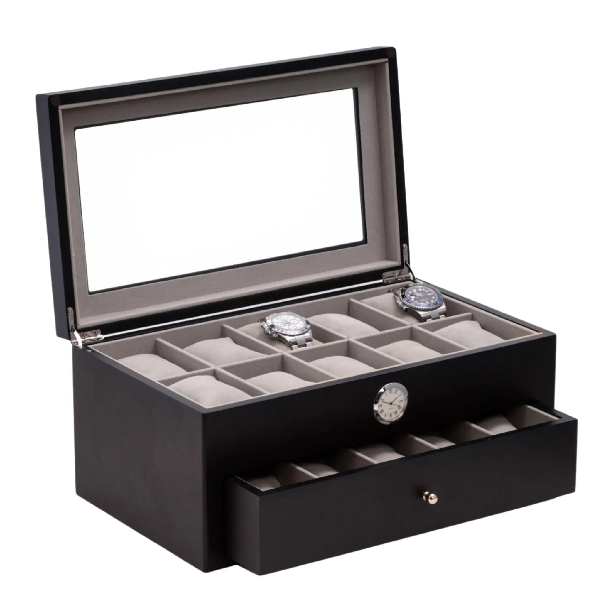 20-Slot Luxury Watch Box with Glass Top & Built-in Clock - Black Velvet Interior for Watch Storage & Display - Perfect for Watch Collectors & Gift Giving