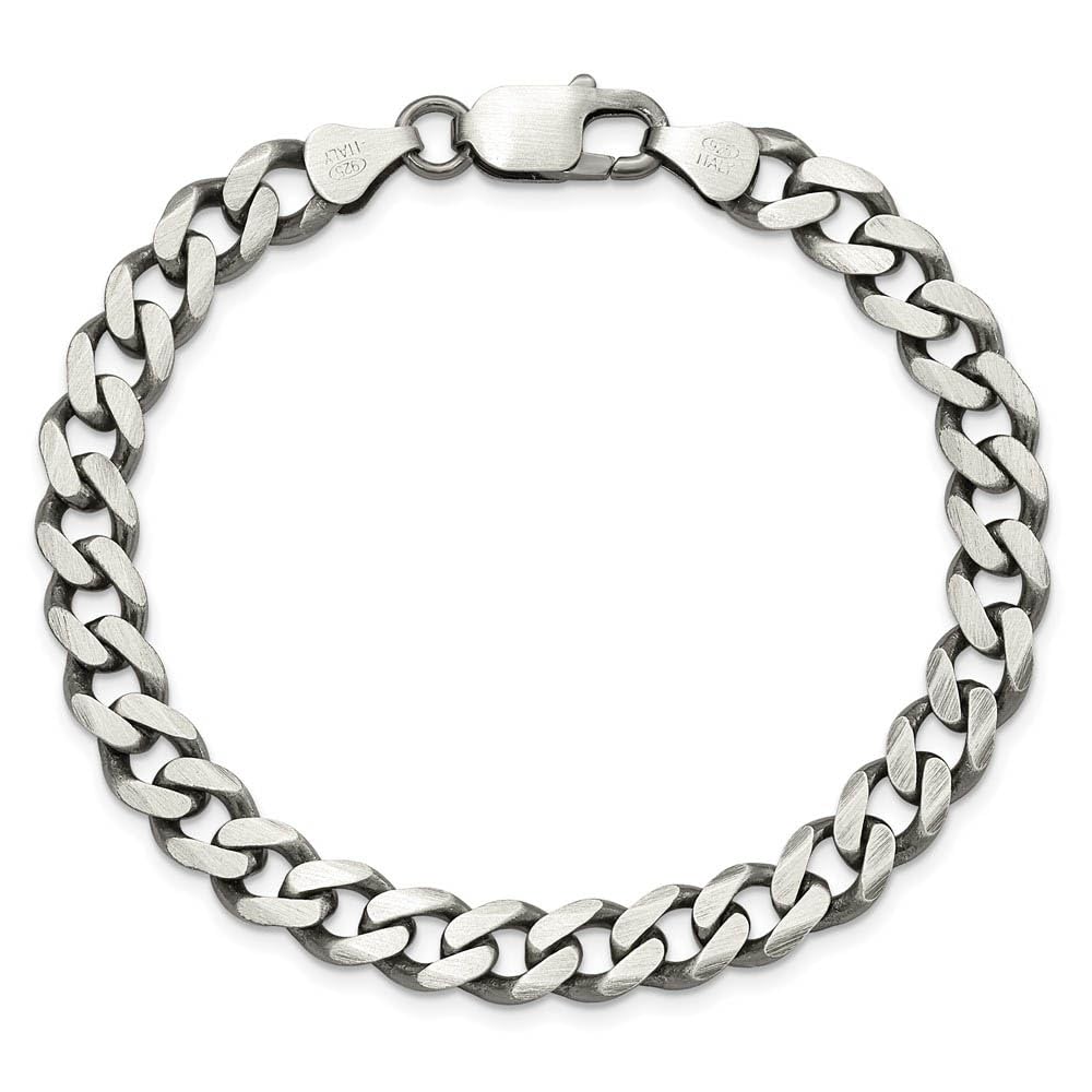 The Black Bow Men's 7.5mm Sterling Silver Solid Antiqued Flat Curb Chain Bracelet - Perfect for Casual, Formal, and Everyday Wear