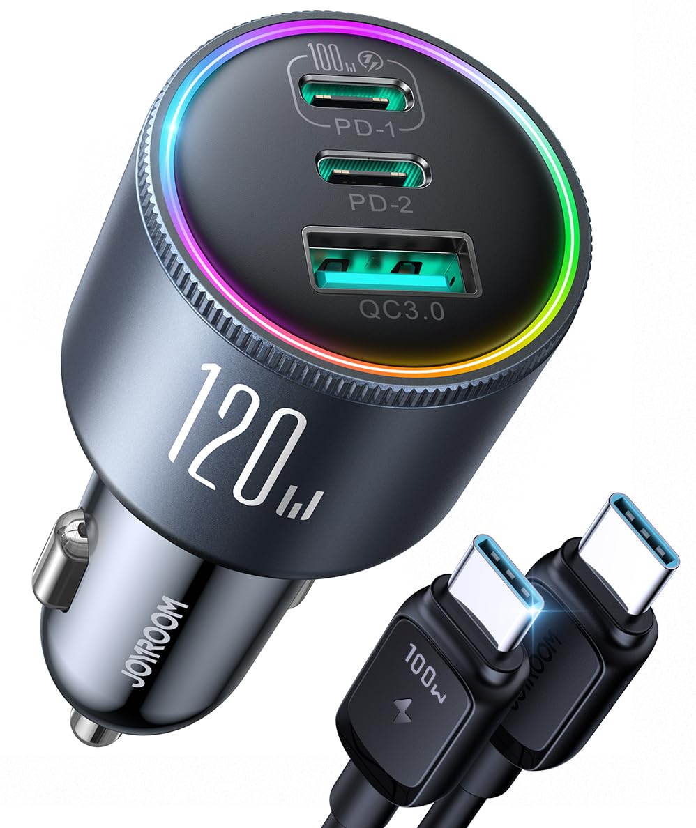 JOYROOM 120W Super Fast Car Charger with USB C - 3-Port PD100W+PD35W Car Phone Charger for iPhone 16/15 Pro Max, Samsung Galaxy S25/S24, iPad & Laptops - Includes Type C Fast Charging Cable | Perfect for Road Trips, Commuting & Multi-Device Charging On-The-Go