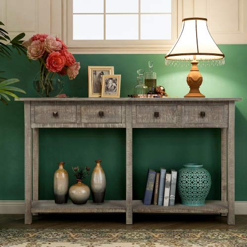 Rustic Gray Wash Accent Console Table with Storage Drawers & Bottom Shelf - Entryway, Living Room, Hallway Furniture for Home Decor | Perfect for Small Spaces & Narrow Areas