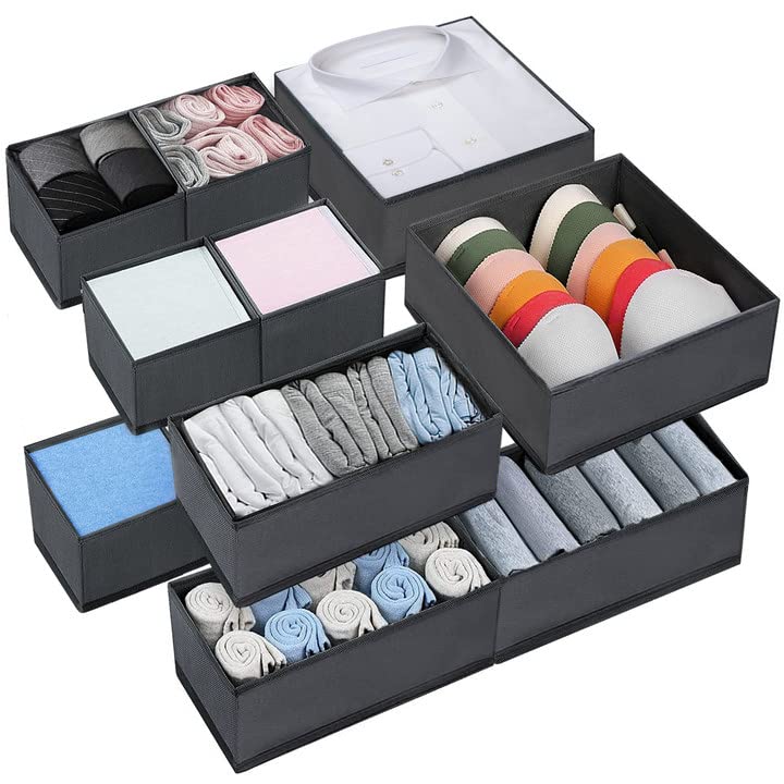 MOOING 10-Piece Non-Woven Fabric Closet Organizer Box Set - Foldable Drawer Organizer for T-Shirts, Socks, Ties & Underwear (Gray) - Perfect for Bedroom, Closet & Travel Storage