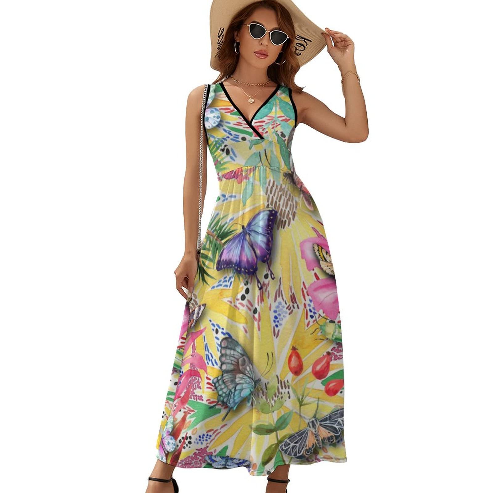 Women's Maxi Dress with Multicolored Butterflies Print - V Neck Sleeveless Summer Dress for Beach, Vacation & Casual Wear