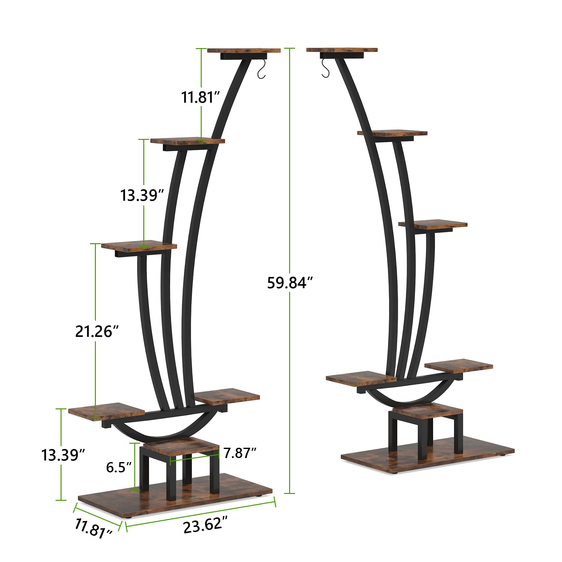 Tribesigns 6-Tier Tall Indoor Plant Stand - Set of 2 Metal Curved Display Shelves with Hanging Hooks for Bonsai, Flower Pots & Home Decor - Perfect for Living Room, Garden, Balcony & Indoor Plants Organization