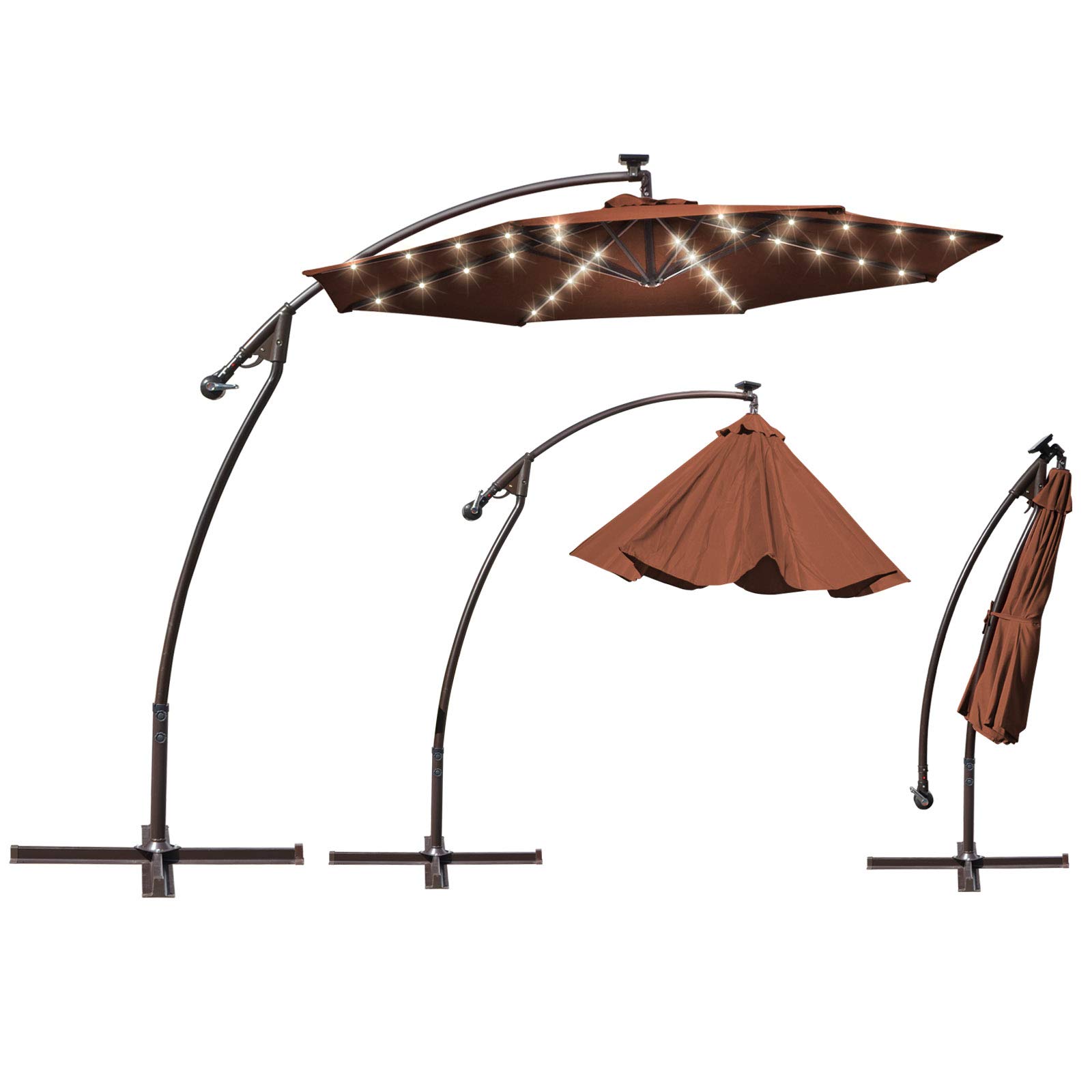 **9' Strong Camel Cantilever LED Patio Umbrella - 40 Bright Lights, Durable Aluminum Frame, Outdoor Garden & Market Umbrella (Brown) - Perfect for Backyard, Poolside, and Restaurant Use**