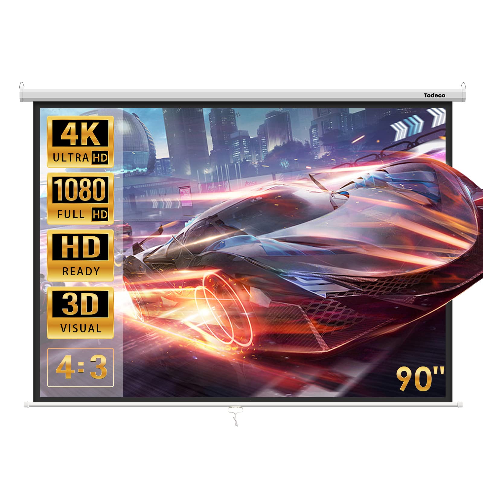 Todeco 90 Inch Manual Pull Down Projector Screen - Wall or Ceiling Mounted for Home Theater & Office Presentations (137x183cm, 4:3 Aspect Ratio) - HD 4K 3D Compatible - Perfect for Movie Nights, Gaming & Business Meetings