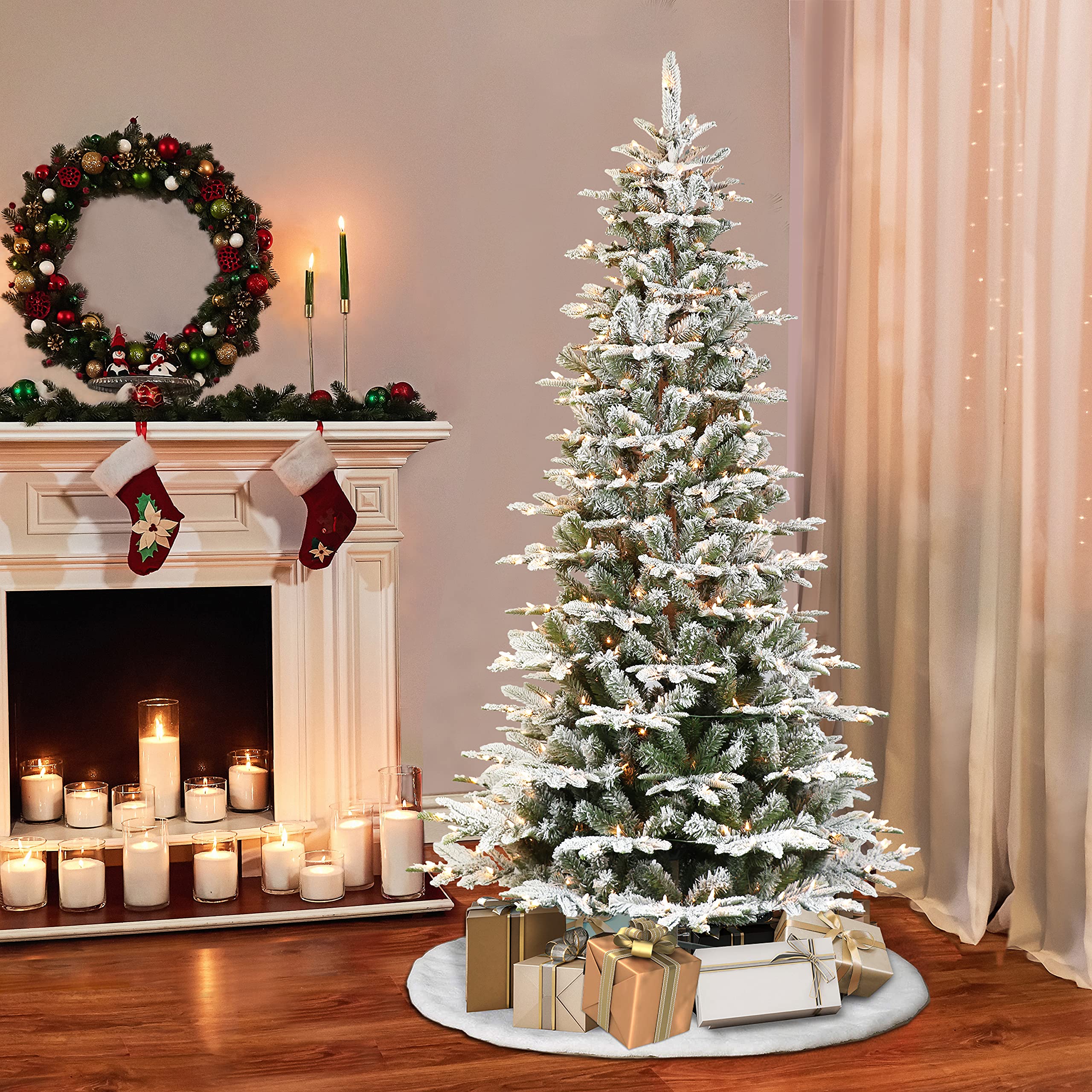 Puleo International 7.5ft Pre-Lit Slim Flocked Artificial Christmas Tree - 450 Clear Lights for Holiday Decor | Perfect for Small Spaces & Cozy Home Decor