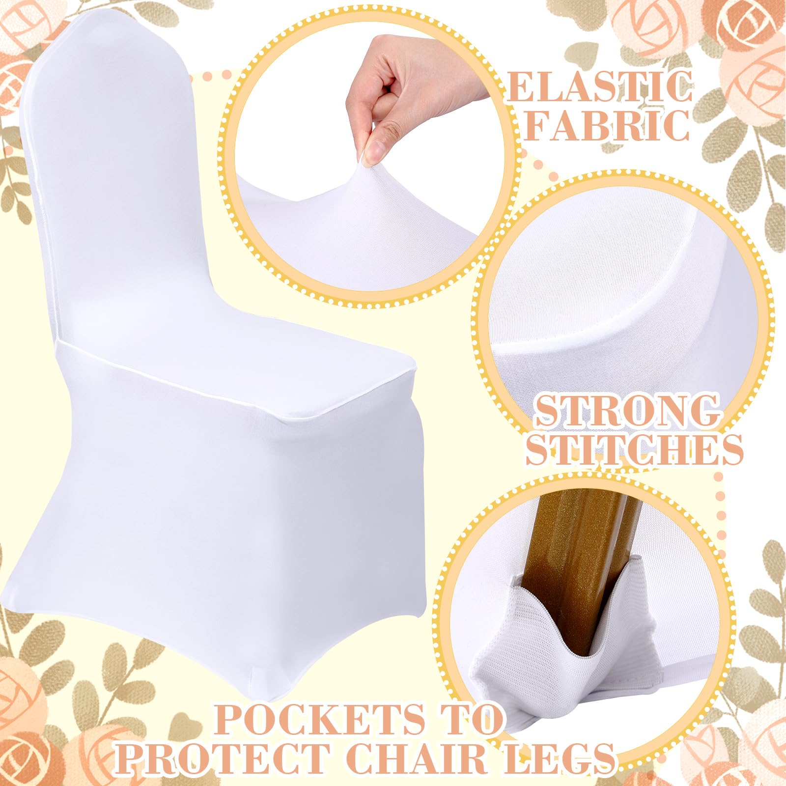 100 Pcs Wedding Chair Covers Set - 50 Stretch Spandex Chair Covers + 50 Decorative Elastic Sashes - Gold & White for Wedding Banquet, Party, Dining Room & Kitchen Decorations - Elegant Chair Bows for Bridal Showers, Receptions & Special Events