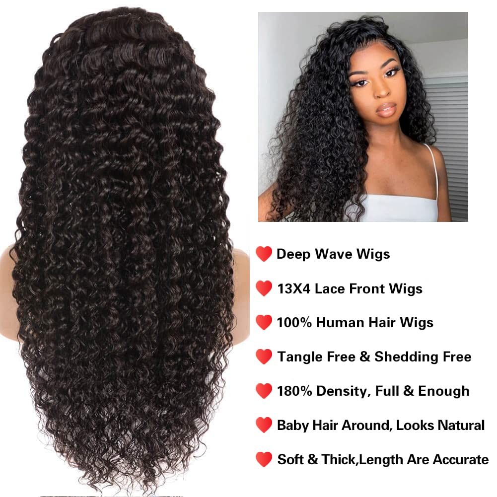 13X4 HD Transparent Deep Wave Lace Front Wigs Human Hair - Curly Wigs for Black Women - Deep Wave Lace Frontal Wet Wavy Wig - 180% Density 22 Inch Natural Color Pre Plucked with Baby Hair - Perfect for Daily Wear, Parties, Weddings and Special Occasions