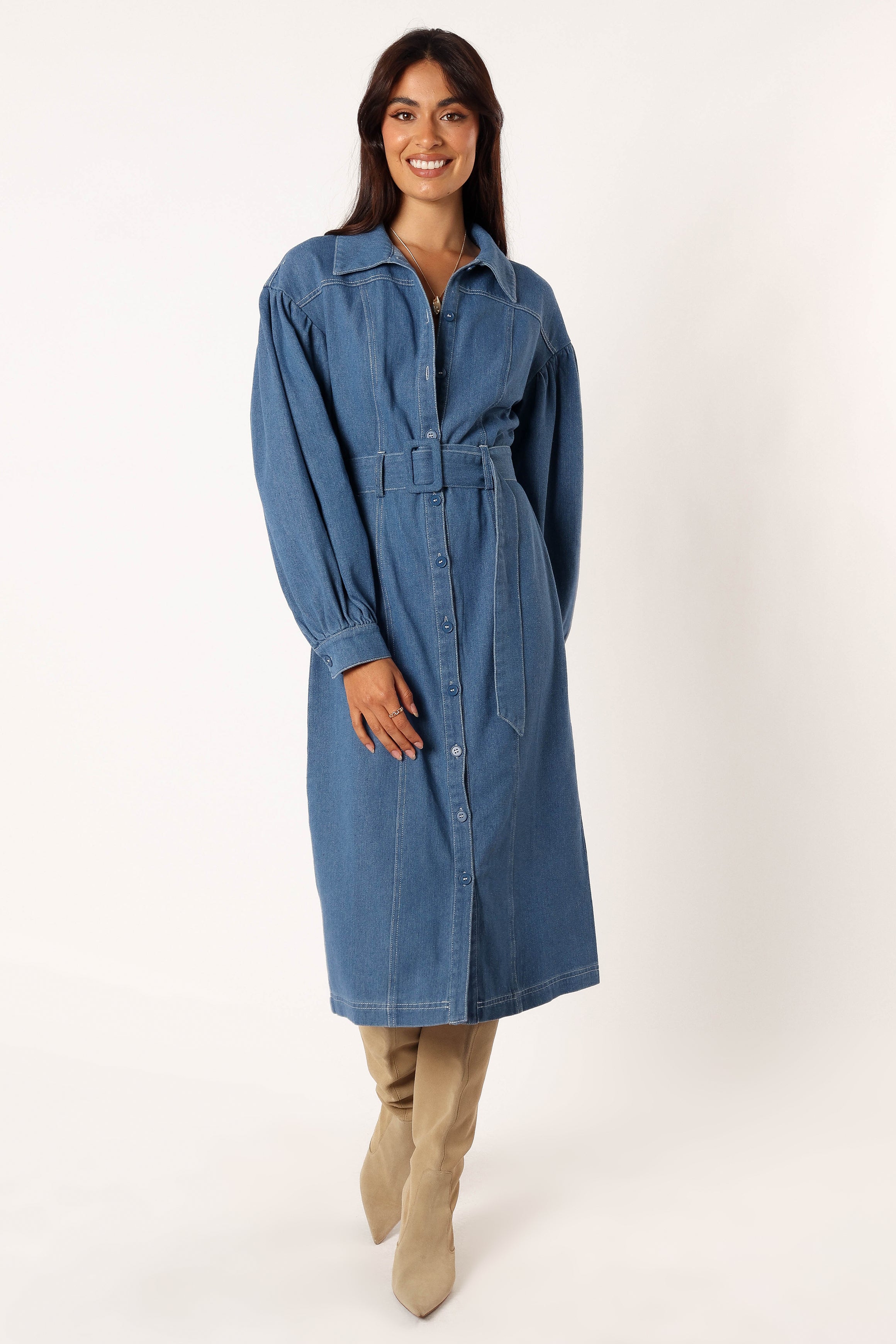 Kocoa Women's Denim Long Sleeve Midi Dress - Casual Vintage Style for Fall & Winter, Perfect for Office, Date Night and Daily Wear