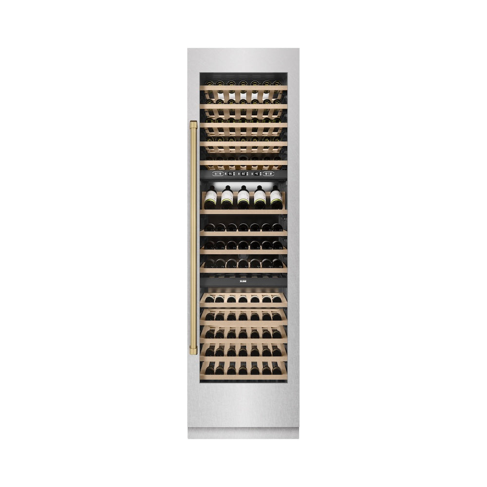 ZLINE Autograph Edition 24 Inch 12.4 Cu Ft Triple Zone 100 Bottle Wine Cooler Refrigerator - Stainless Steel with Champagne Bronze Accents for Home Bar, Kitchen, and Dining Room Storage