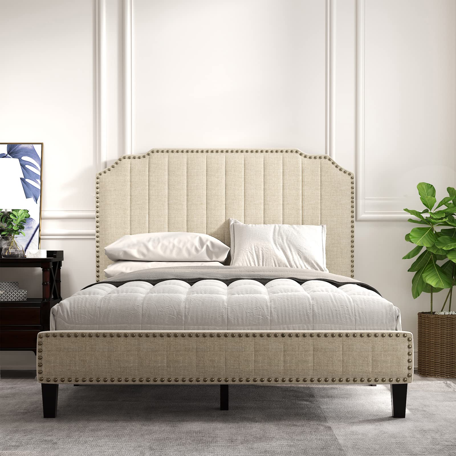 Full Size Linen Upholstered Platform Bed Frame with Curved Design & Nailhead Trim - Modern Heavy Duty Bed Frame for Master Bedroom, Guest Room & Apartment