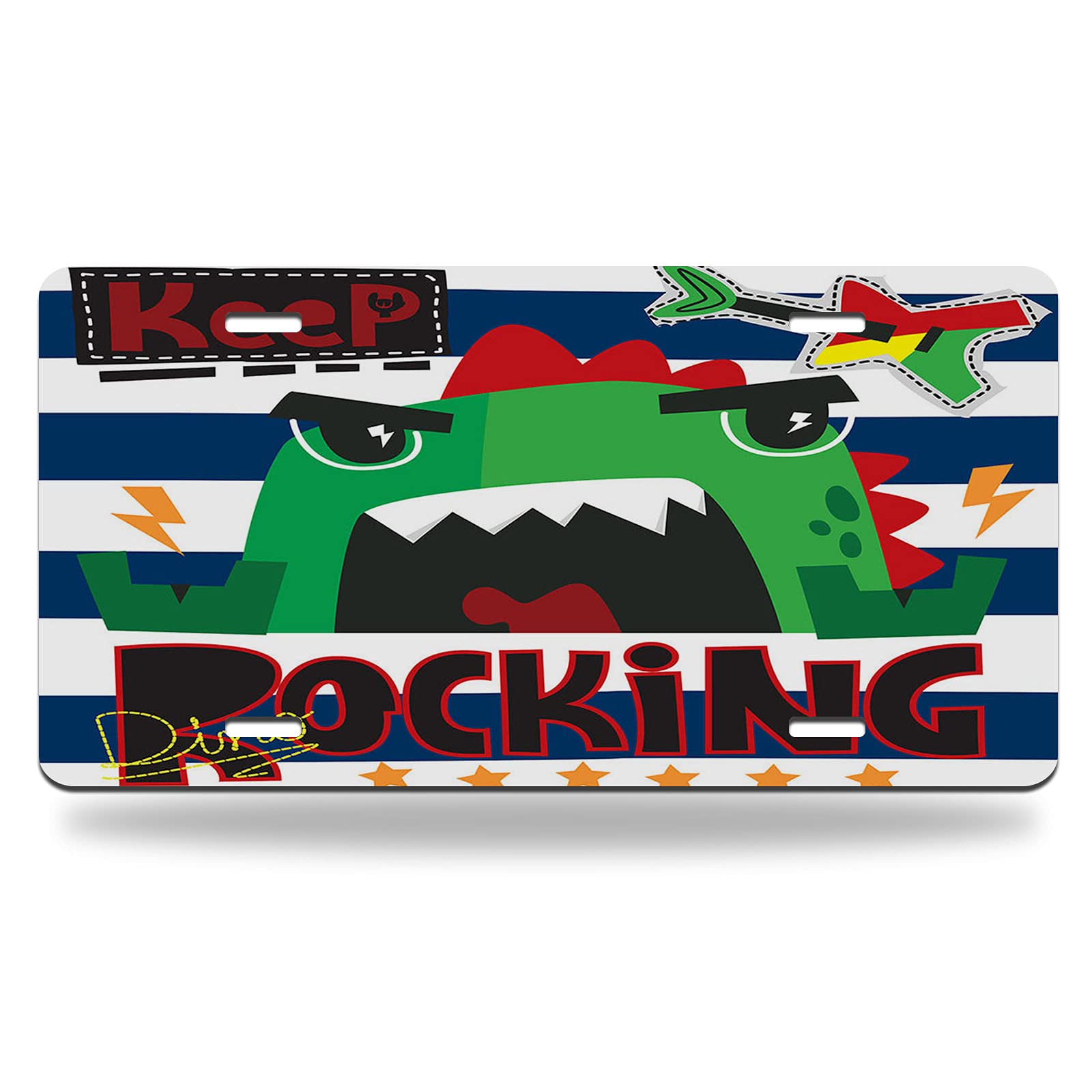 Funny Cartoon Dinosaur Rock and Roll Metal License Plate - 12x6 Inch Vanity Car Tag for Men & Women - Navy Blue Striped Design - Perfect for Cars, Trucks, Motorcycles & Gifts
