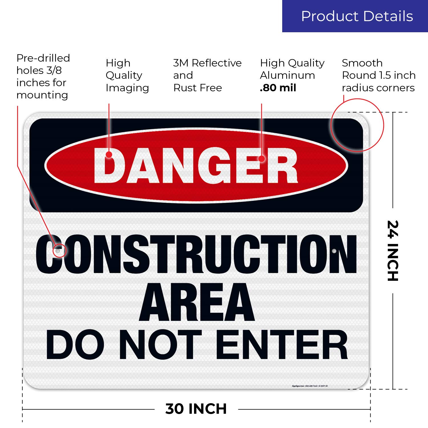 OSHA Approved Construction Do Not Enter Sign - 24x30 Inches, 3M EGP Reflective .080 Aluminum, Fade Resistant for Indoor/Outdoor Use - Made in USA | Perfect for Construction Sites, Road Work Zones & Safety Barriers