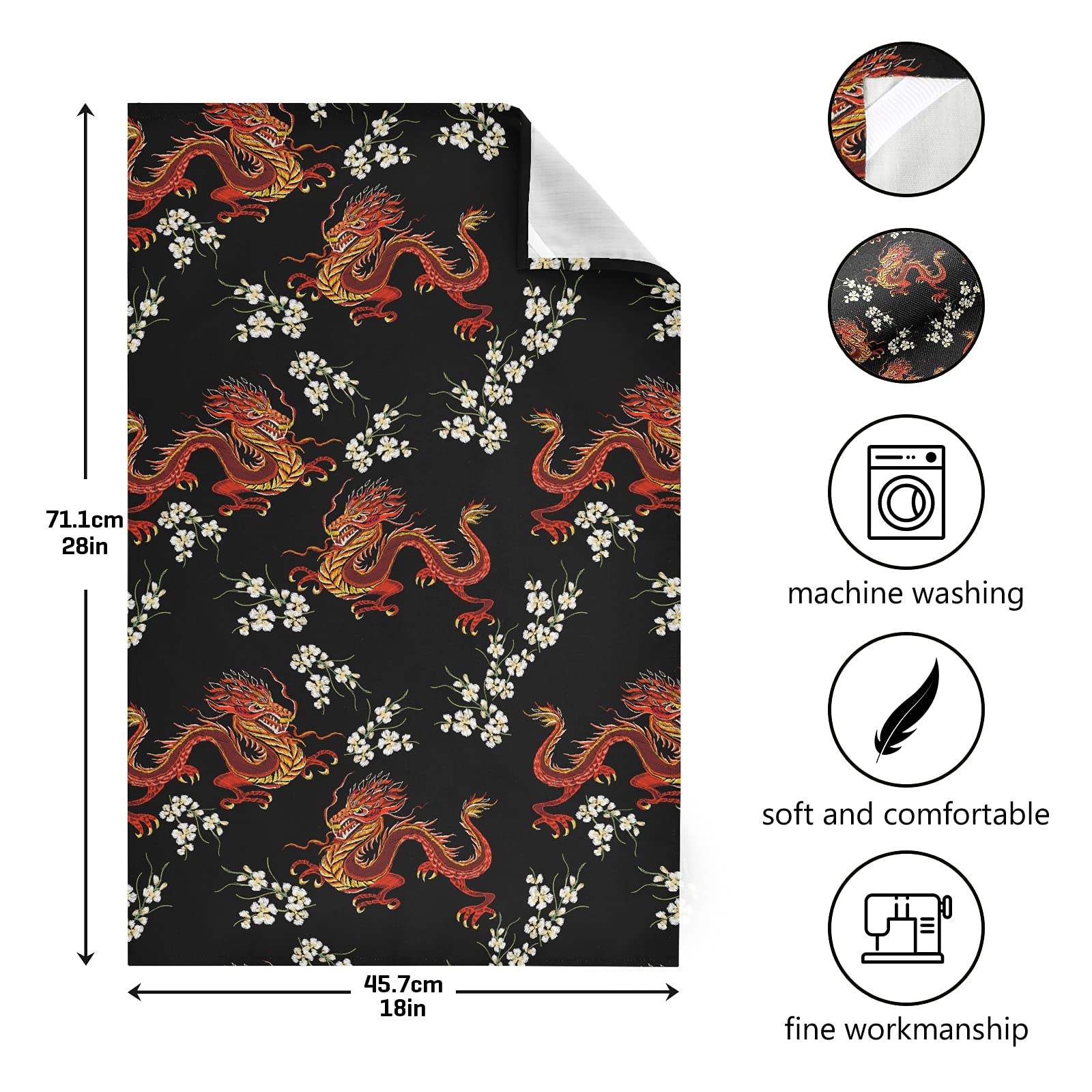ALAZA Japanese Dragon Floral Kitchen Towels Set of 4 - Super Absorbent Soft Dish Cloths (18x28 Inches) for Dish Drying, Bar Cleaning & Tea Towel Use