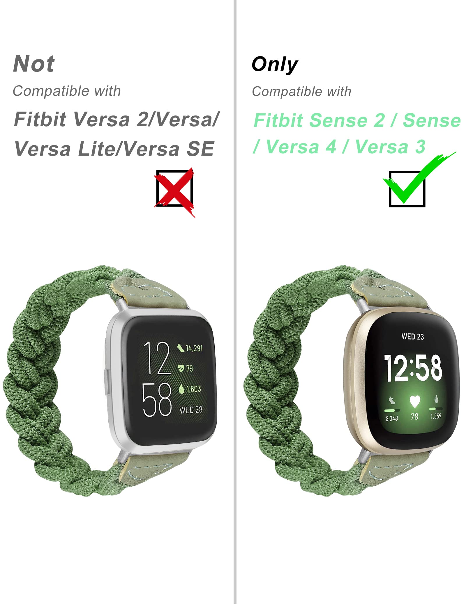 Wearlizer Elastic Braided Solo Loop Strap - Compatible with Fitbit Sense/Sense 2/Versa 3/Versa 4 - Slim Stretchy Woven Wristband for Women (Green, Medium) - Perfect for Workouts, Running & Daily Wear