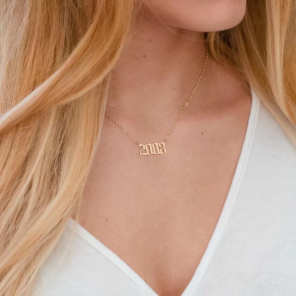 18K Gold Plated Old English Birth Year Necklace for Women - Personalized Jewelry Gift for Birthday, Anniversary & Special Occasions (1970-2021) | Elegant Pendant Necklace for Everyday Wear, Date Nights & Gift Giving