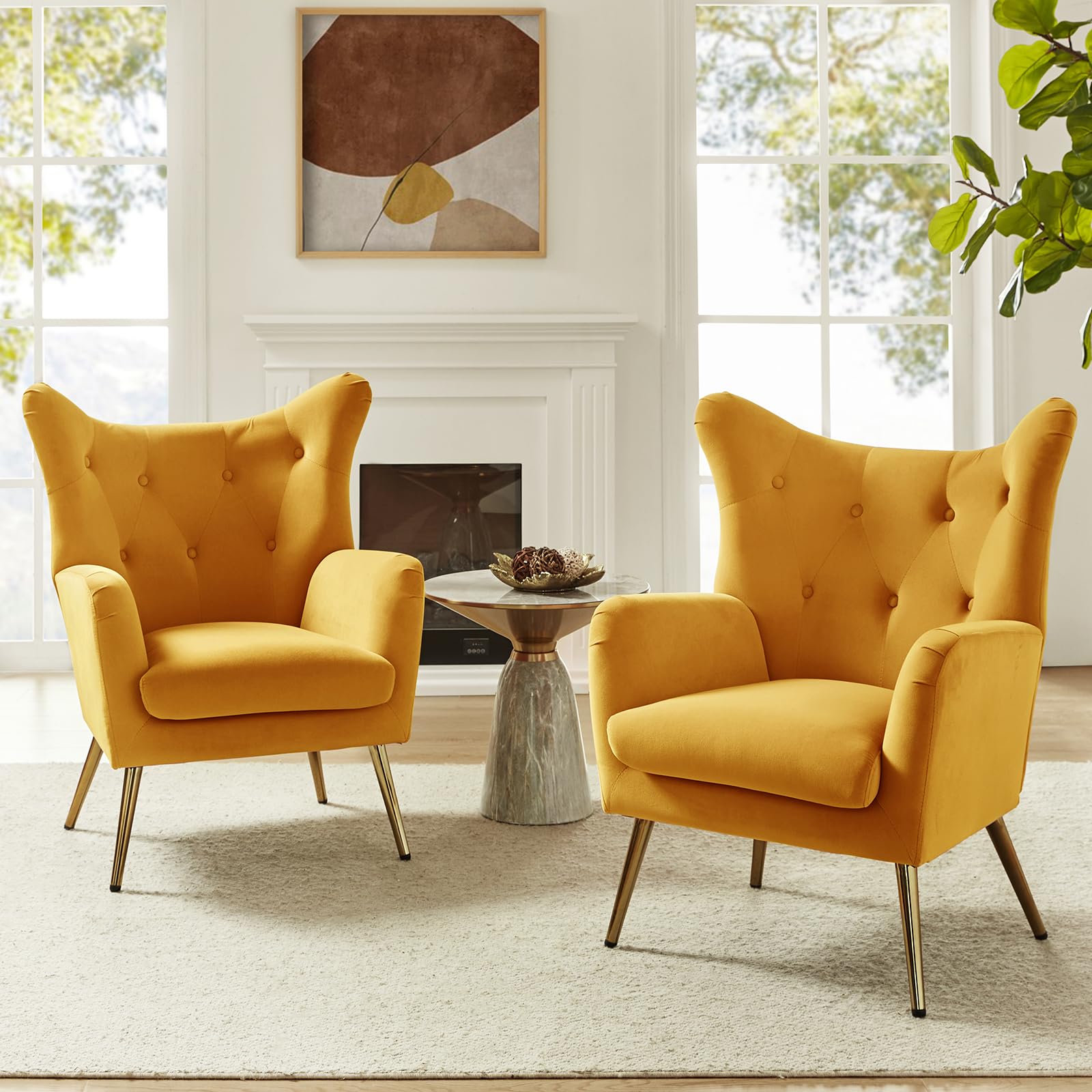 Velvet Accent Chair with Gold Metal Legs - Modern Wingback Armchair for Living Room & Bedroom | Tufted Upholstered Single Sofa Chair | Club Guest Chair in Mustard | Perfect for Reading Nook, Home Office or Lounge Area