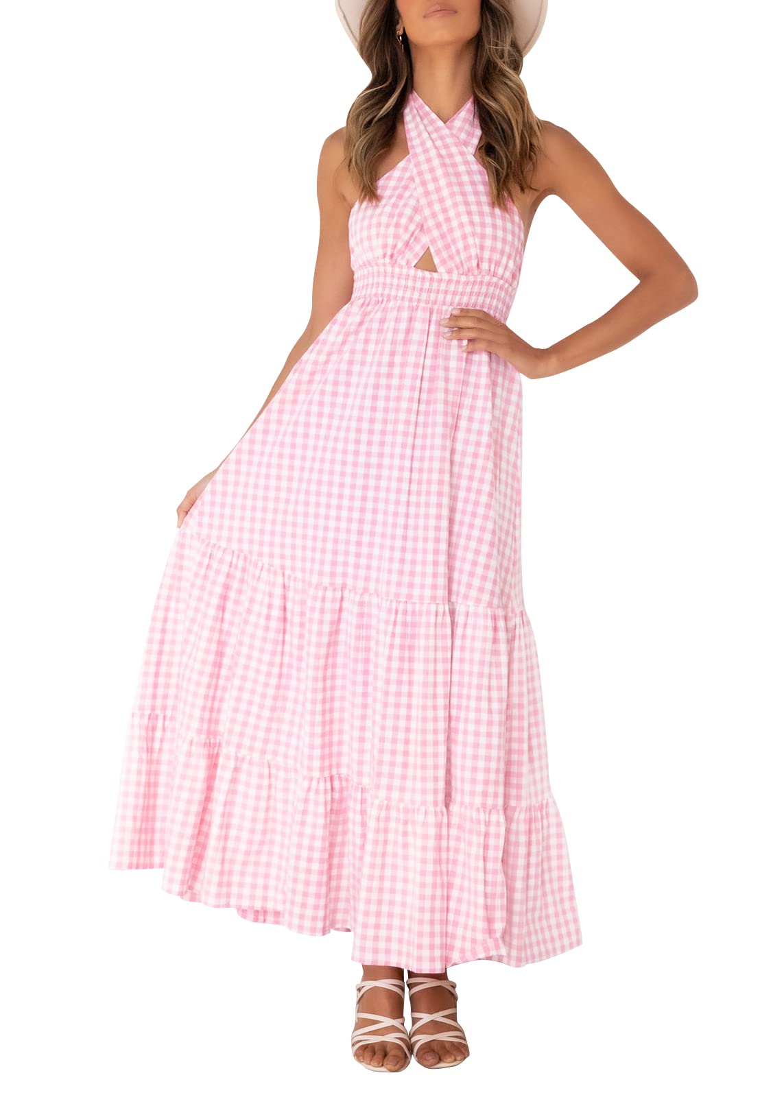 ZESICA Women's 2025 Summer Flowy A-Line Maxi Dress - Halter Neck, Sleeveless, Plaid Print with Cut Out Back Design | Perfect for Beach Vacations, Date Nights & Summer Parties