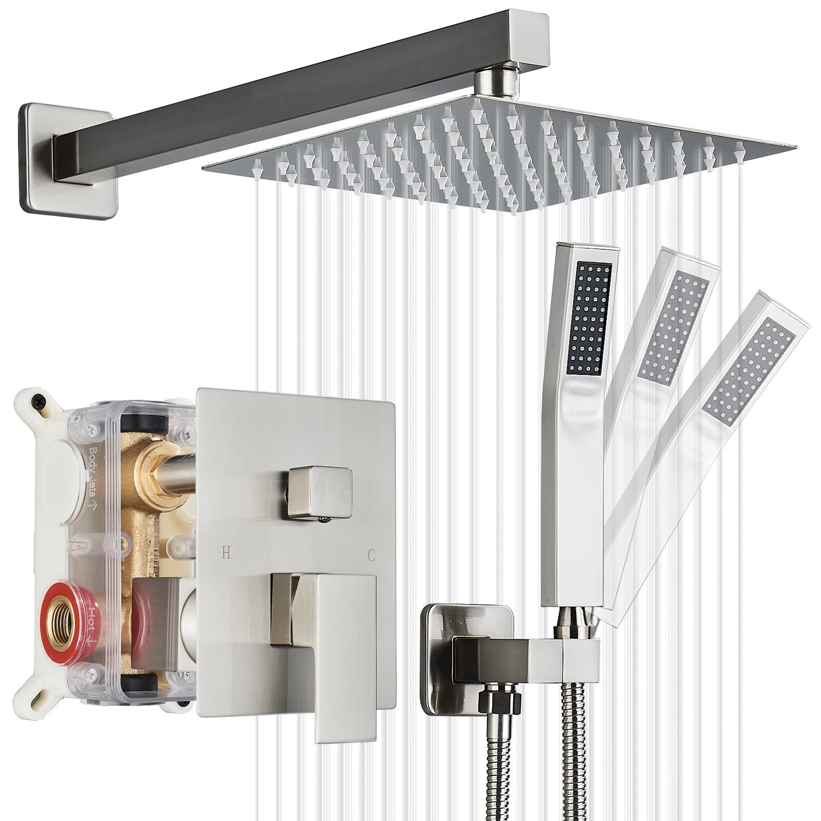 Votamuta Brushed Nickel Shower Faucet Set - 10 Inch Rain Shower Head & Handheld Combo with Rough-in Valve & Trim Kit | Complete Bathroom Shower System for Modern Home Renovation & Luxury Spa Experience