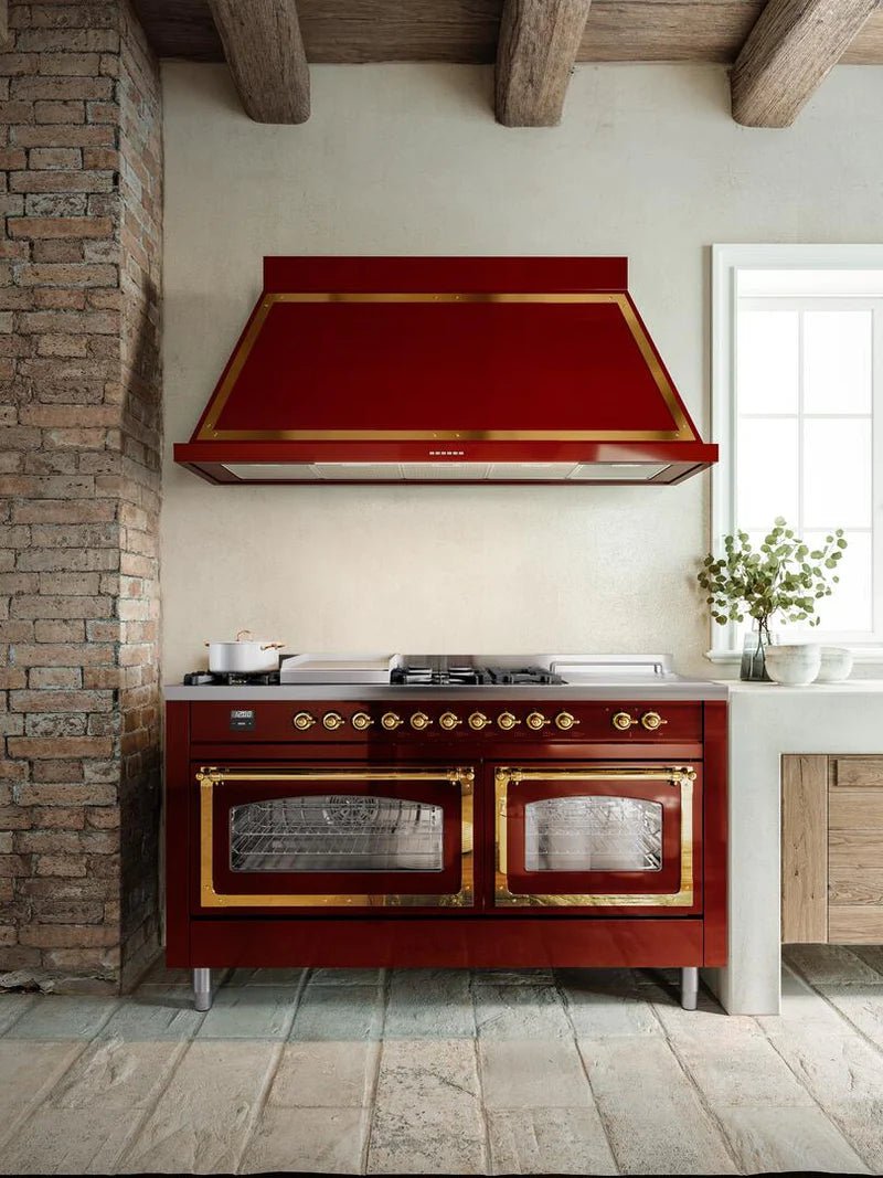 ILVE Nostalgie II 60-Inch Dual Fuel Natural Gas Range with Brass Trim - Blue Grey (UP60FSNMPBGG) | Professional Italian Kitchen Appliance for Home Chefs & Gourmet Cooking