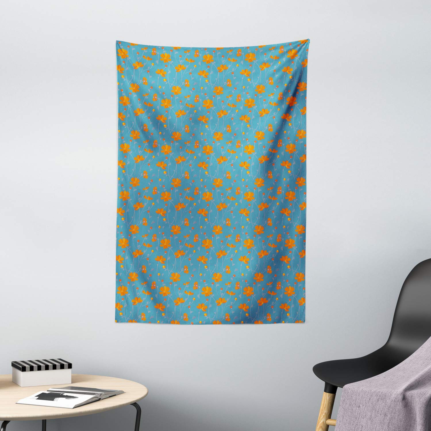 Ambesonne Floral Tapestry - Blue & Orange Flower Wall Hanging Decor for Bedroom, Living Room, Dorm | 40x60 Inch Bohemian Style Home Accent | Perfect for Boho Chic Decor, Photo Backdrops & Cozy Spaces